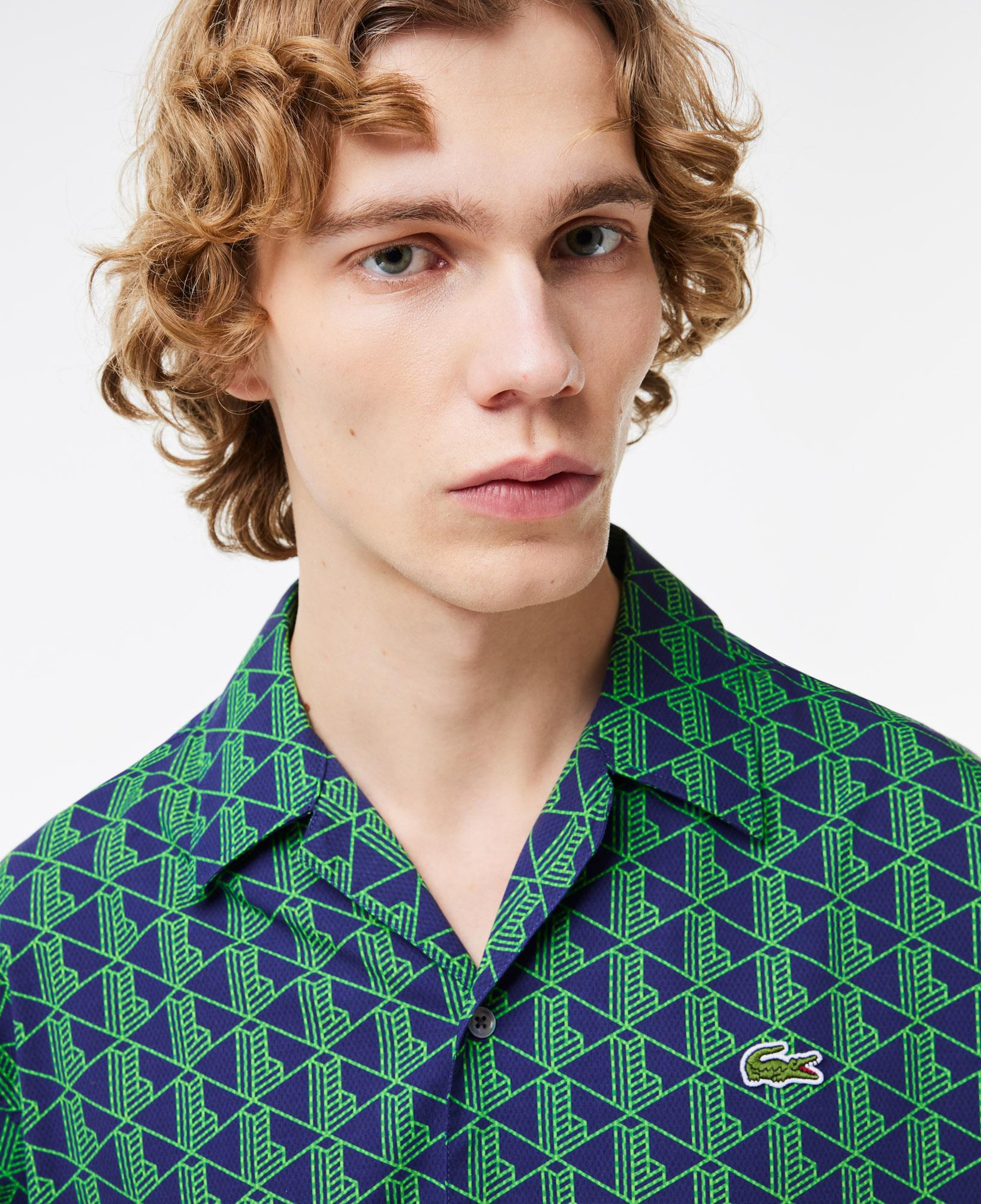 Erkek Relaxed Fit Kısa Kollu Monogram Yeşil Gömlek