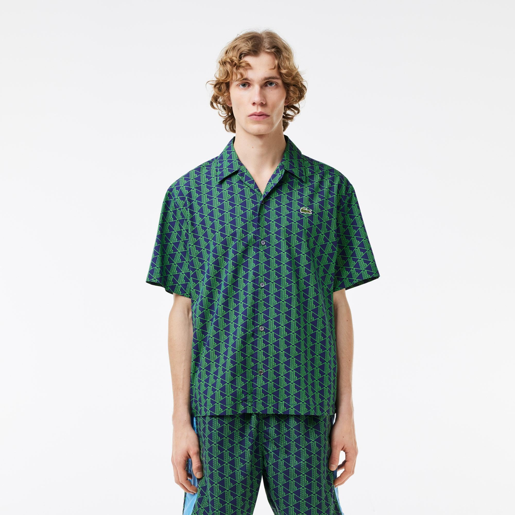 Erkek Relaxed Fit Kısa Kollu Monogram Yeşil Gömlek