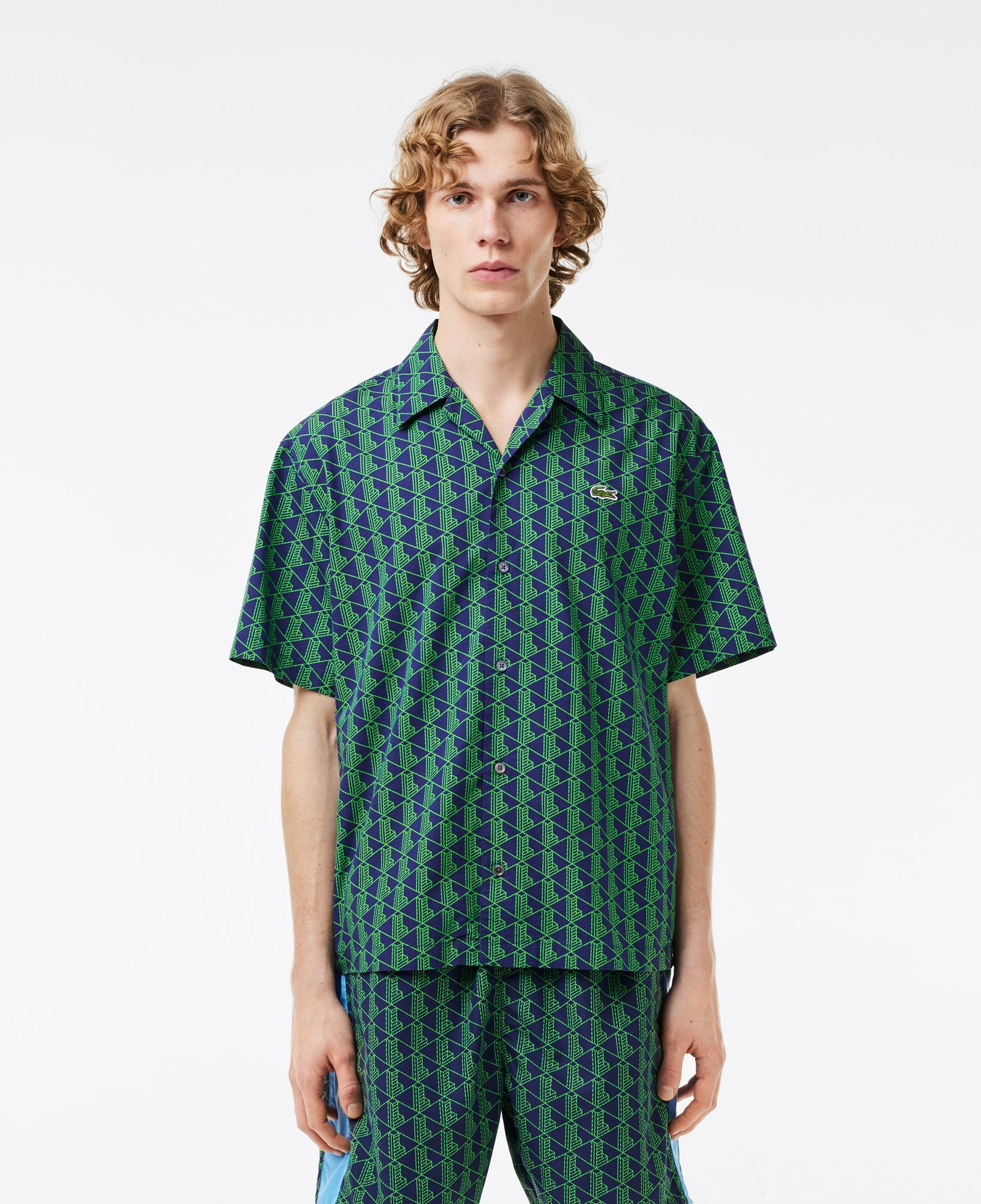 Erkek Relaxed Fit Kısa Kollu Monogram Yeşil Gömlek