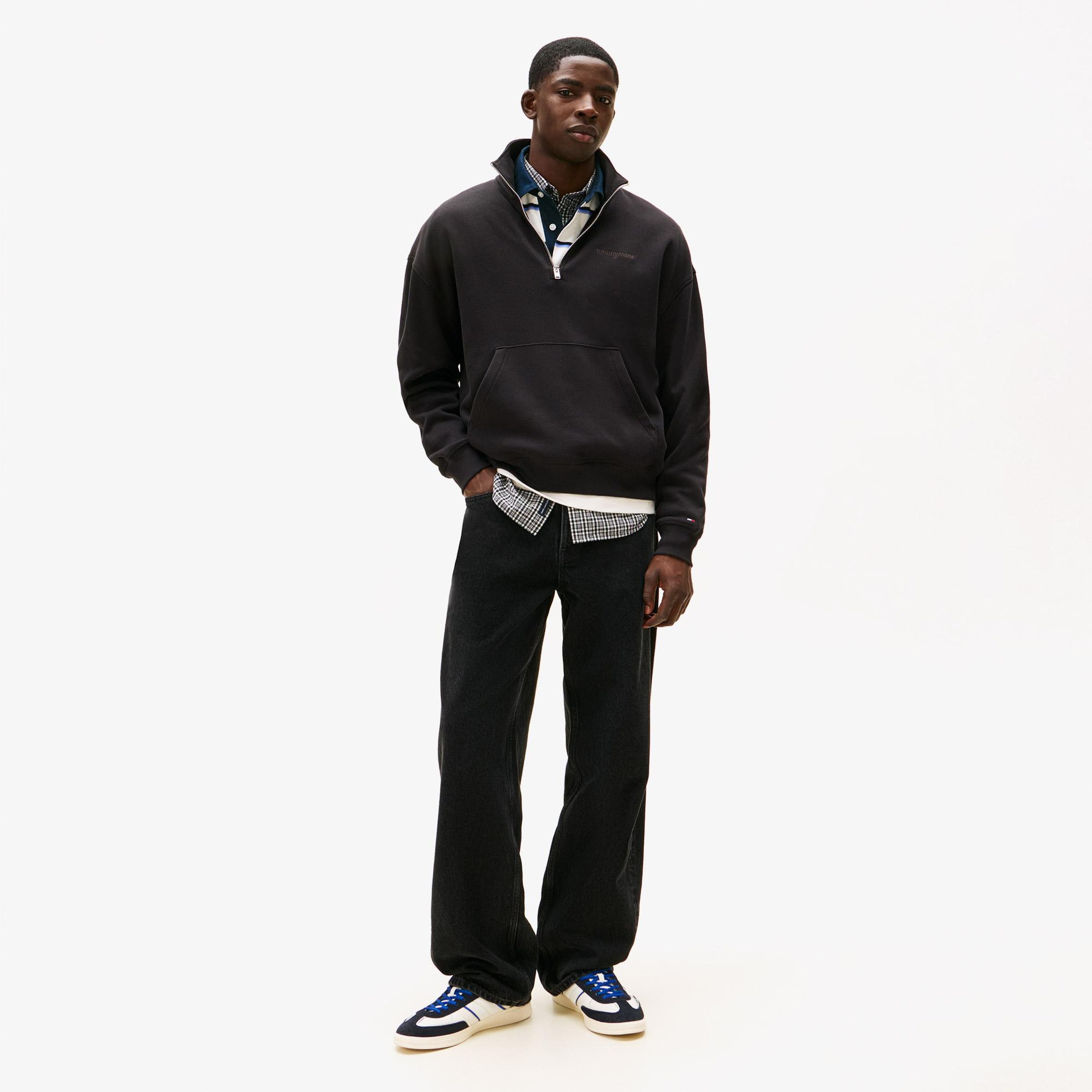 Tommy Hilfiger Jeans 90s Script Rib Fleece Erkek Siyah Sweatshirt