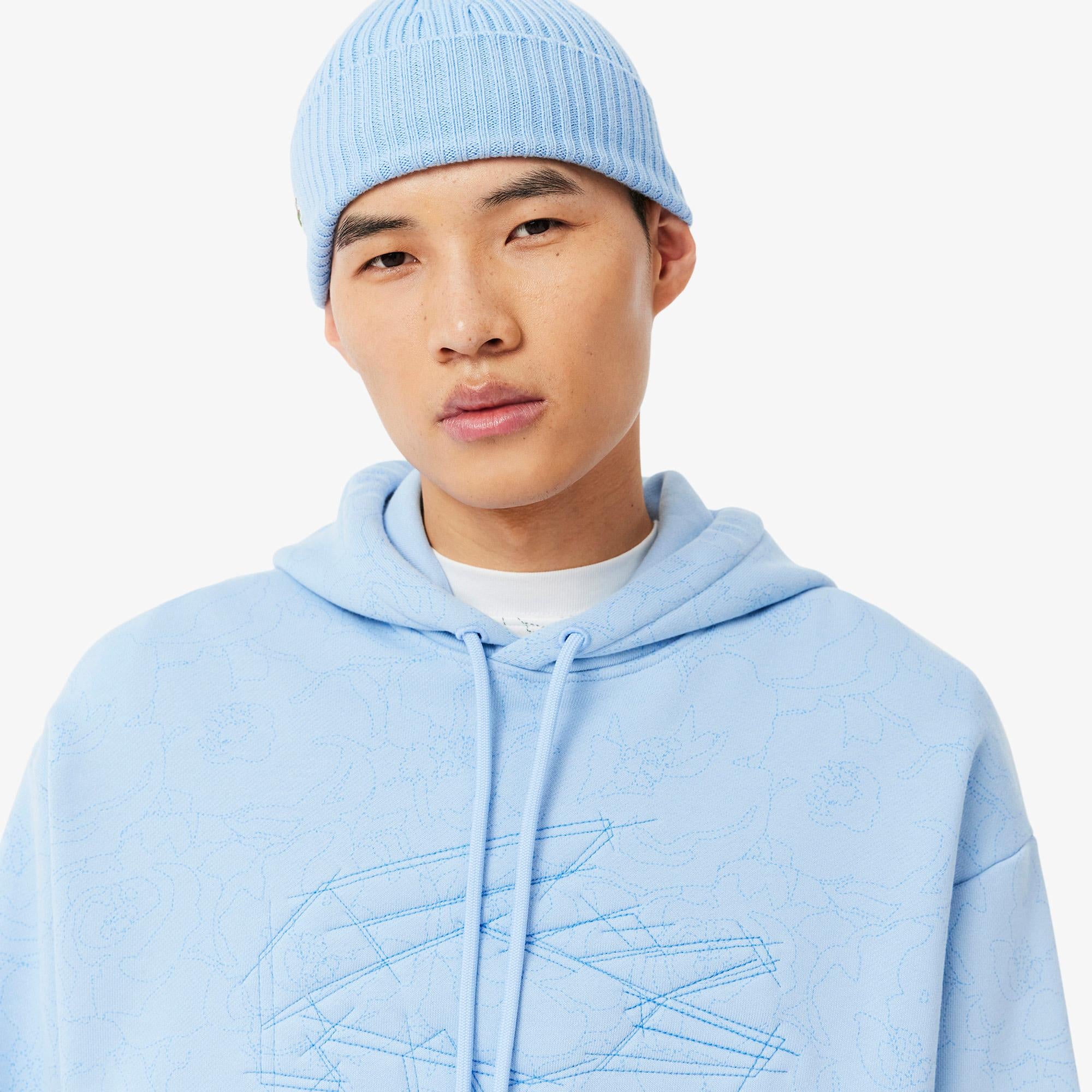 Erkek Classic Fit Kapüşonlu Desenli Mavi Sweatshirt