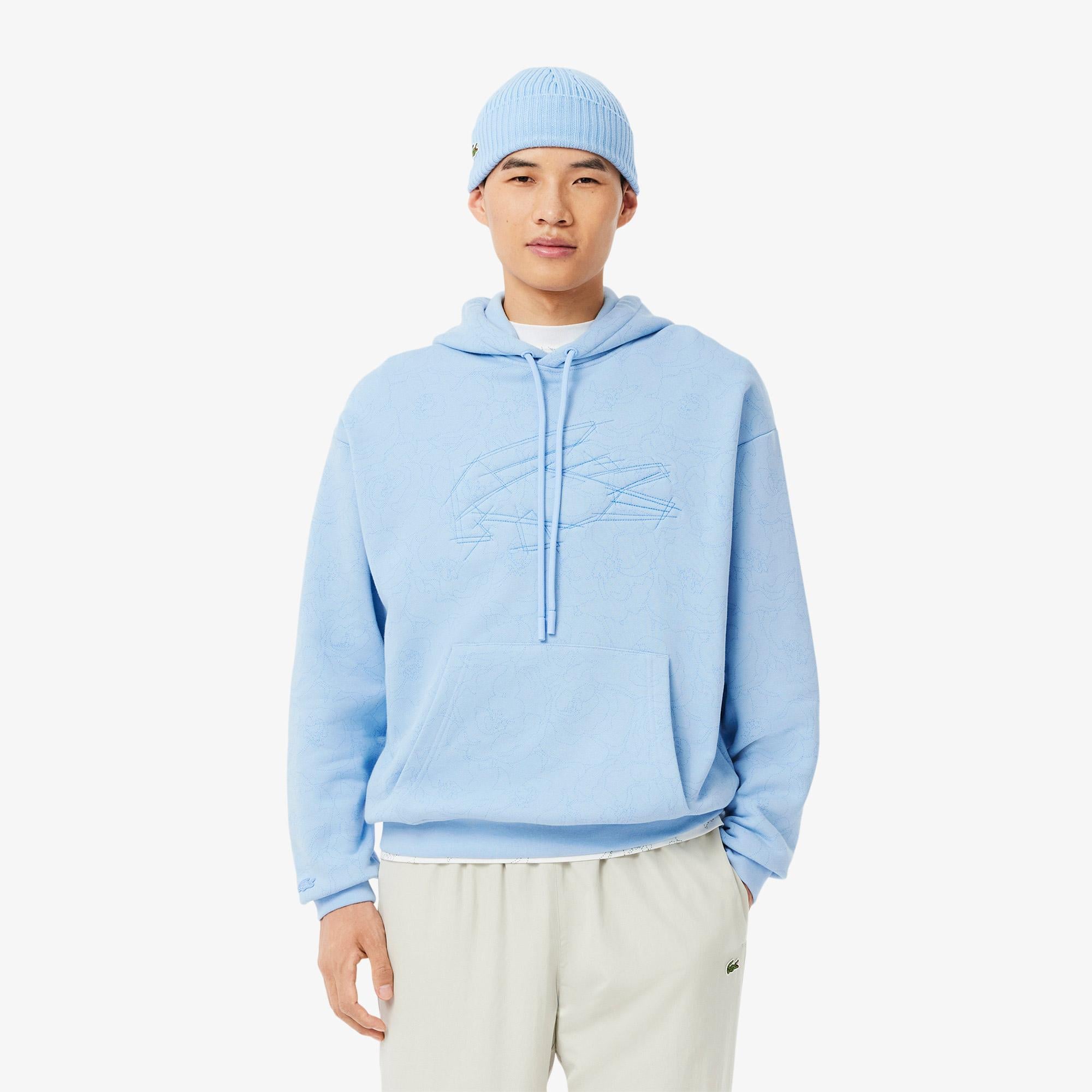 Erkek Classic Fit Kapüşonlu Desenli Mavi Sweatshirt