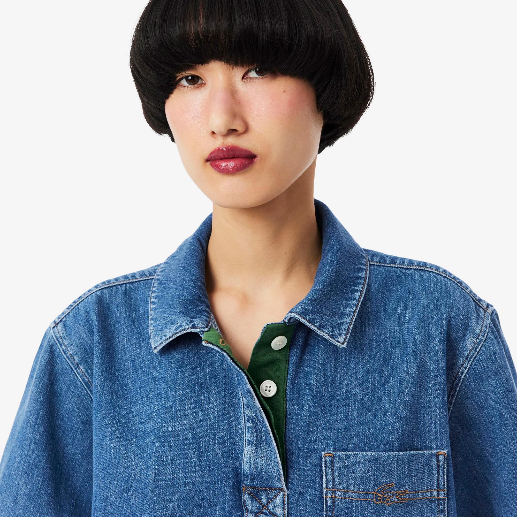 Lacoste Kadın Oversize Fit Kısa Kollu Polo Yaka Denim Mavi Gömlek