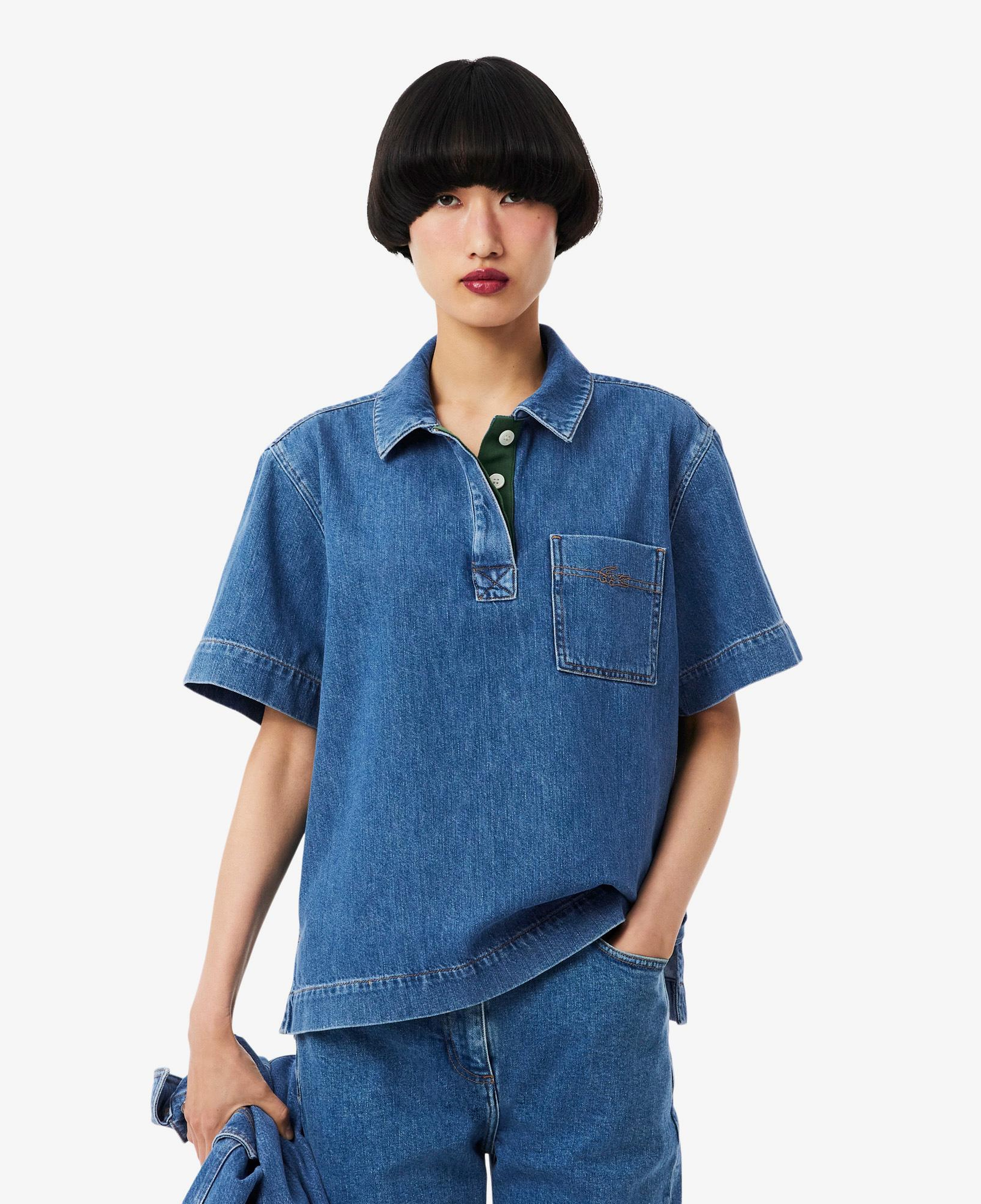 Kadın Oversize Fit Kısa Kollu Polo Yaka Denim Mavi Gömlek