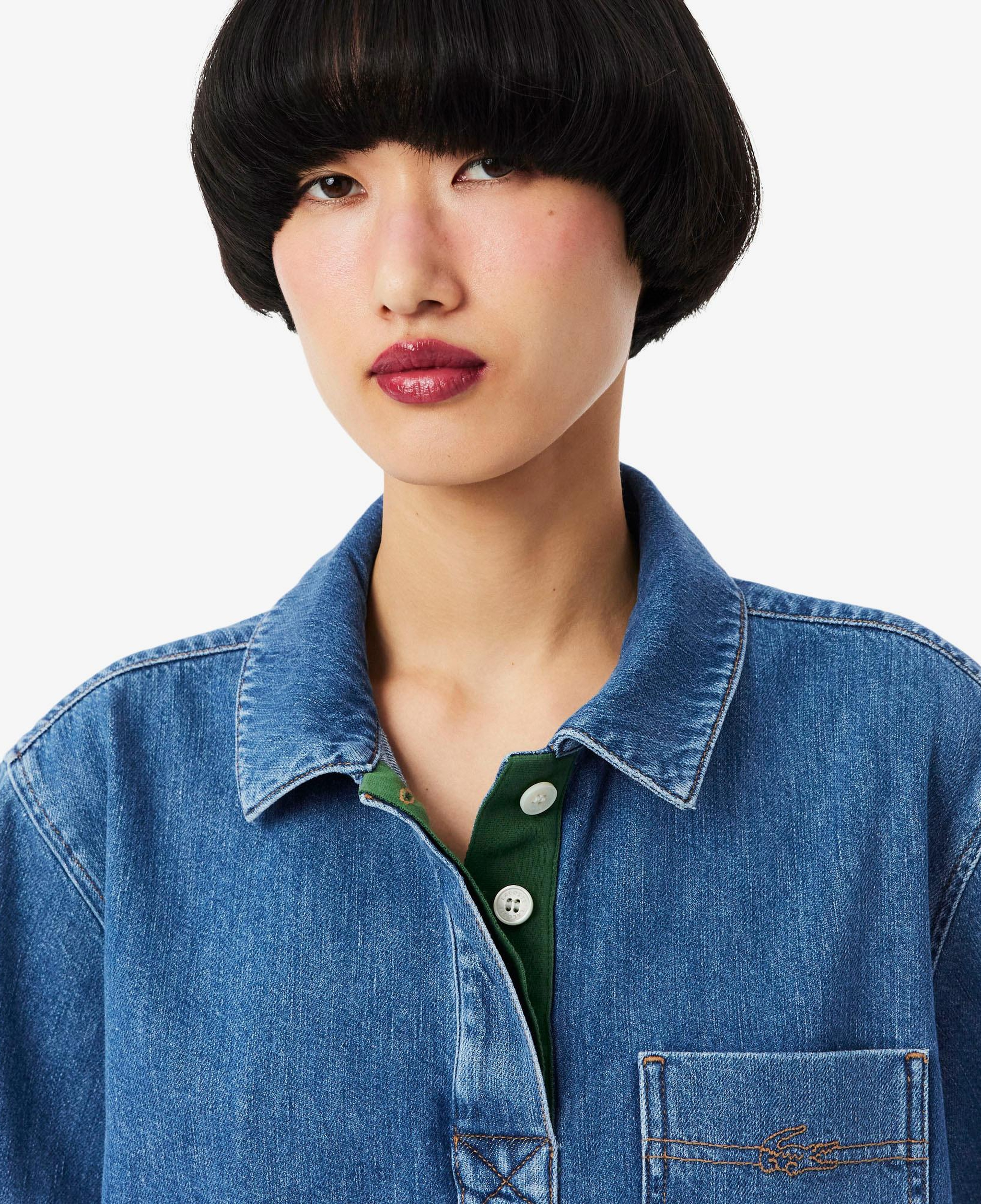 Kadın Oversize Fit Kısa Kollu Polo Yaka Denim Mavi Gömlek
