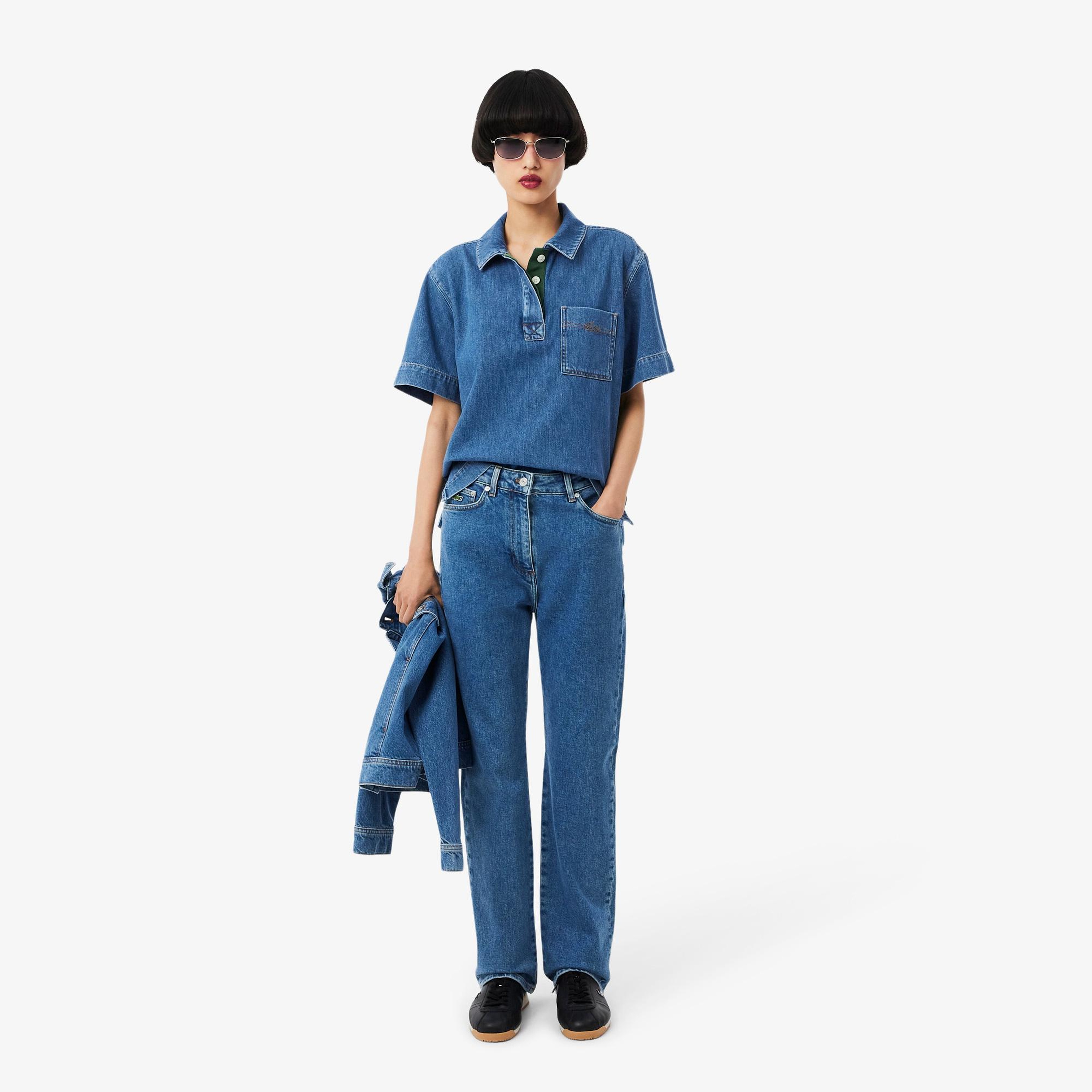 Kadın Oversize Fit Kısa Kollu Polo Yaka Denim Mavi Gömlek