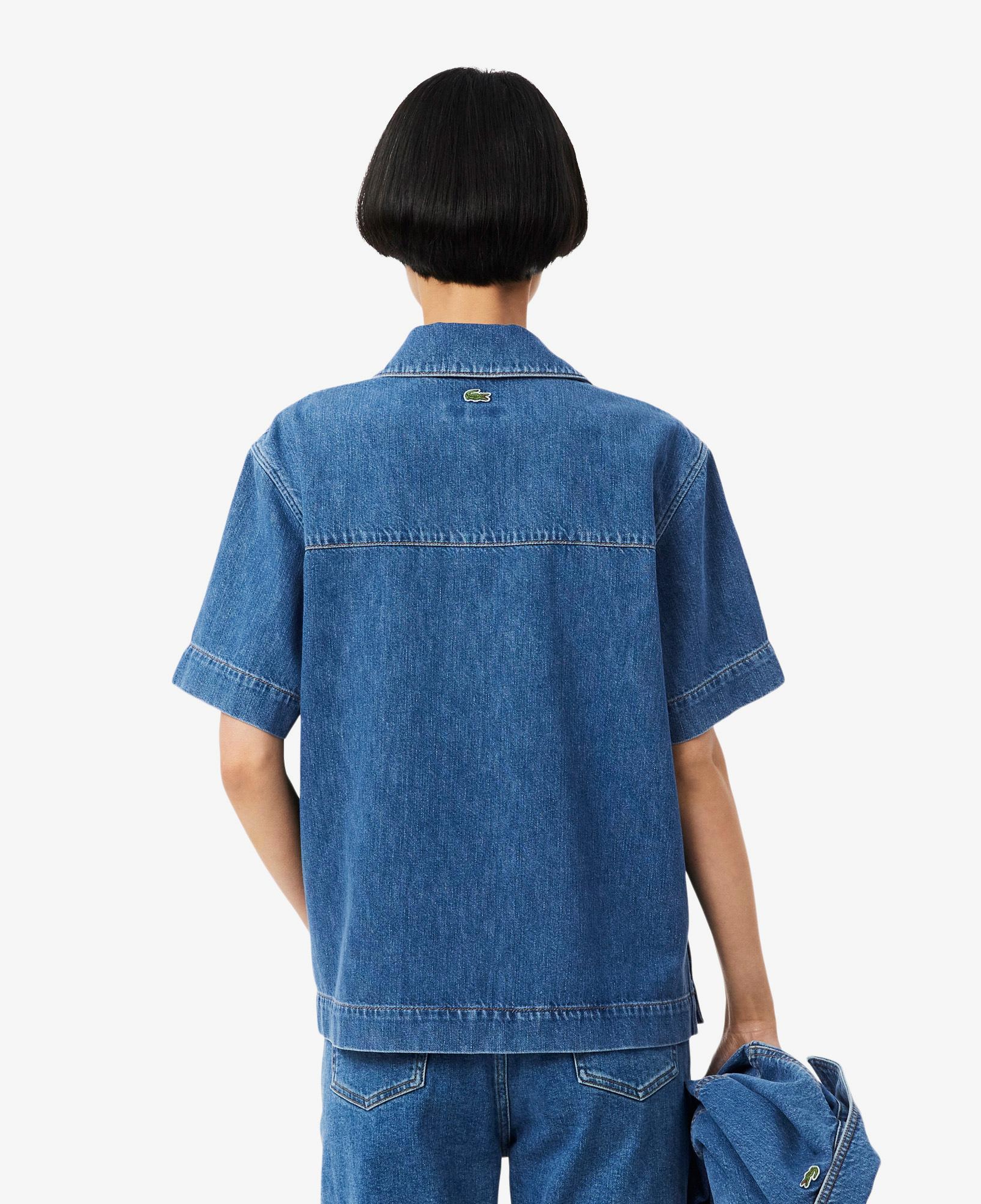 Kadın Oversize Fit Kısa Kollu Polo Yaka Denim Mavi Gömlek