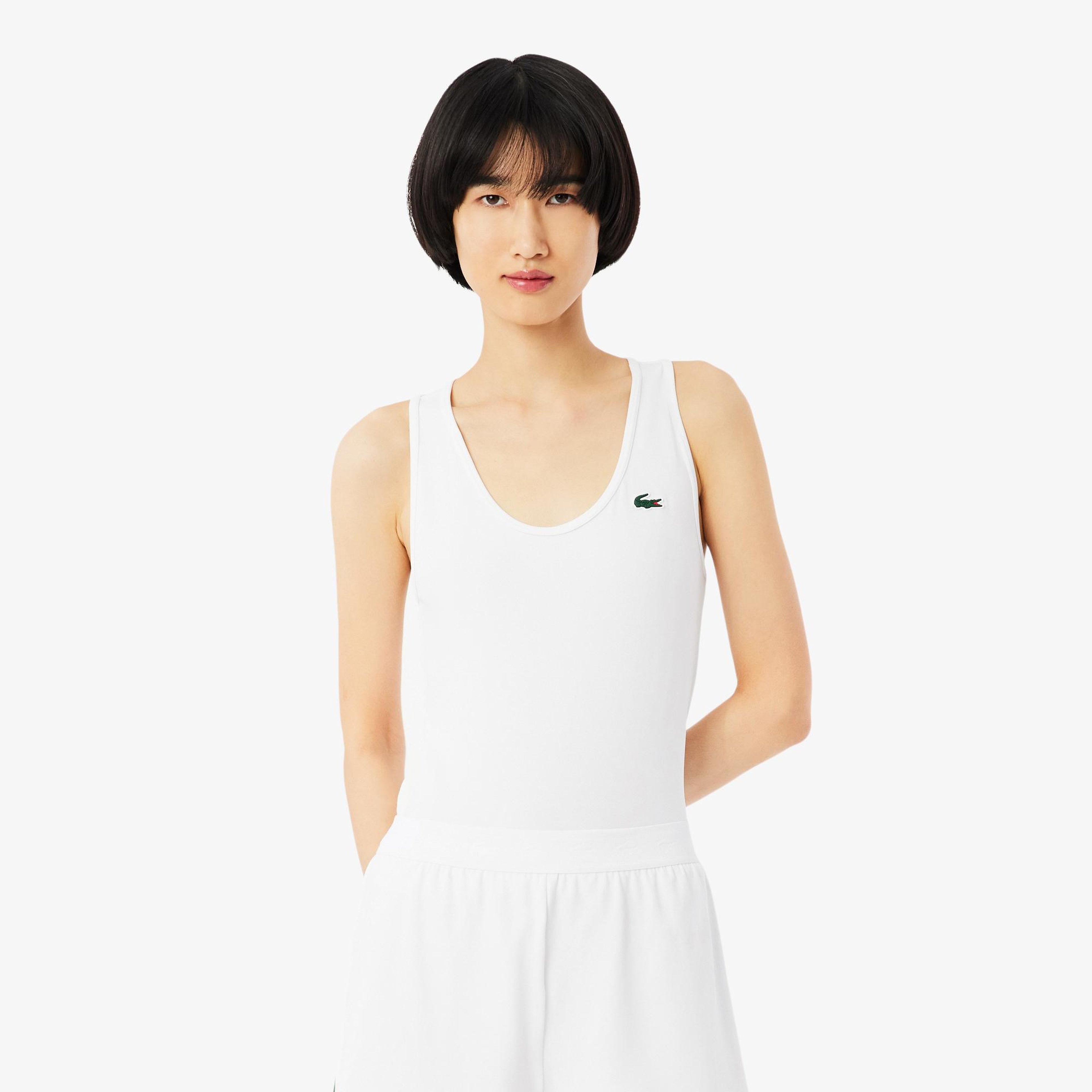 Lacoste Kadın Slim Fit Kolsuz Bisiklet Yaka Beyaz T-Shirt