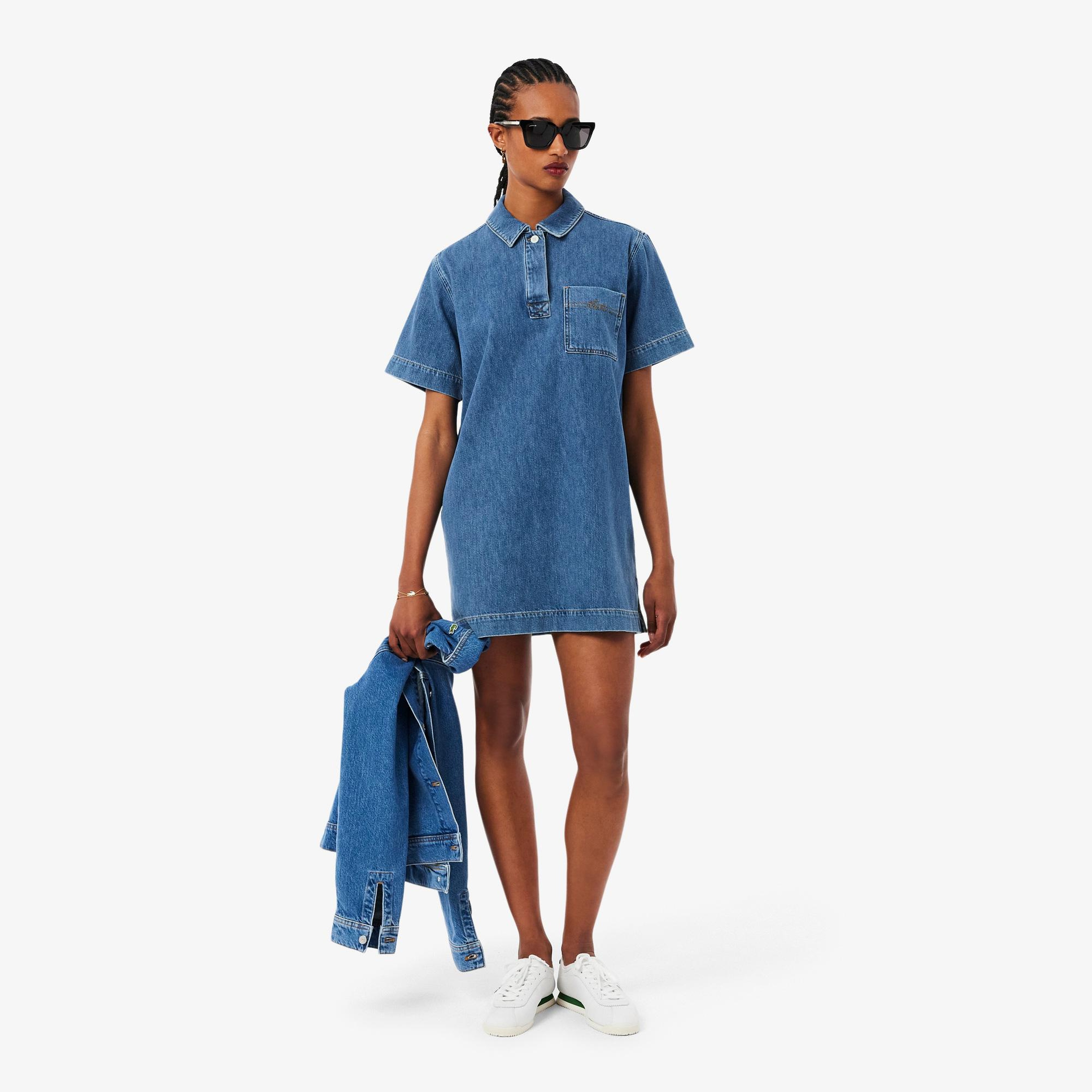 Kadın Oversize Fit Kısa Kollu Polo Yaka Denim Mavi Elbise