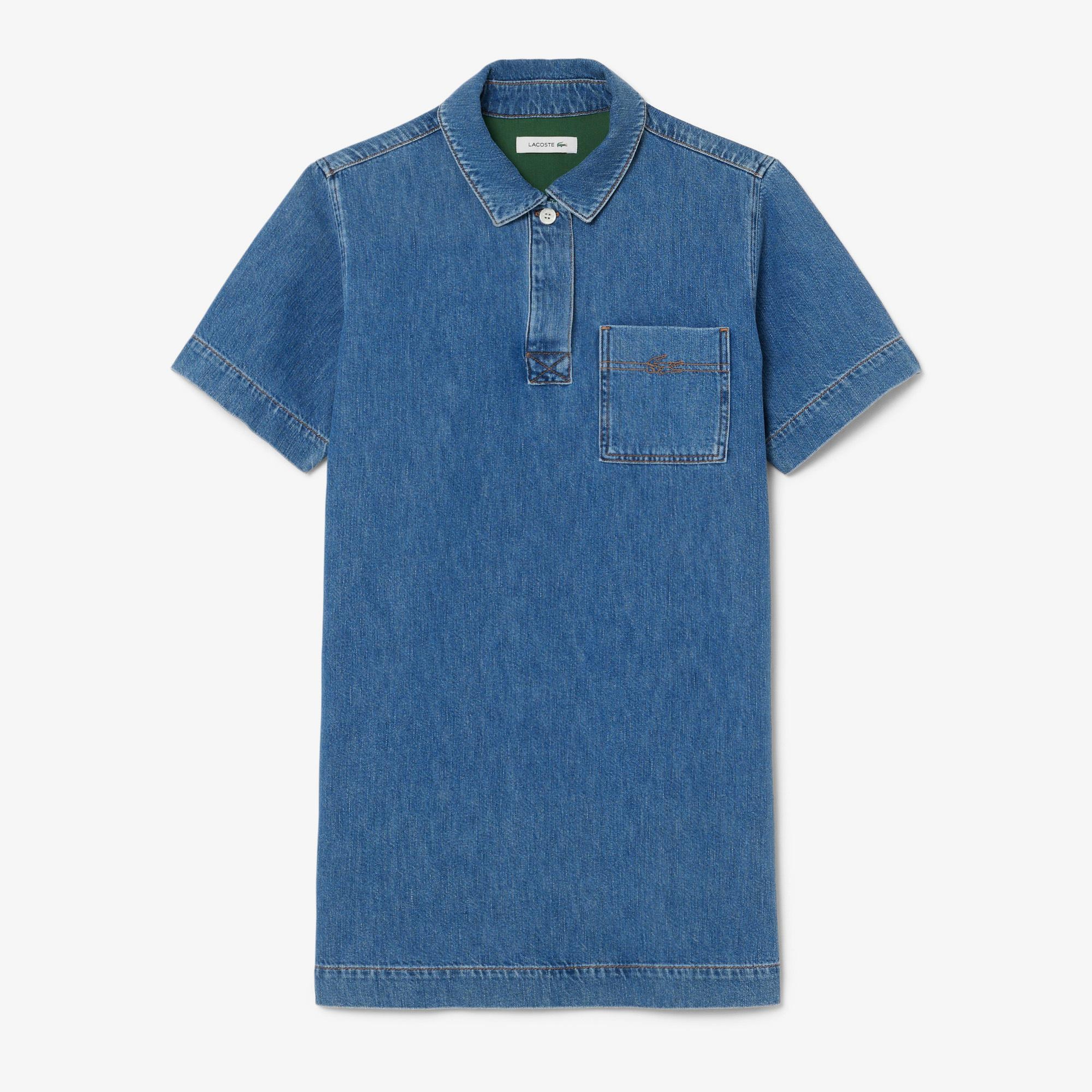 Kadın Oversize Fit Kısa Kollu Polo Yaka Denim Mavi Elbise