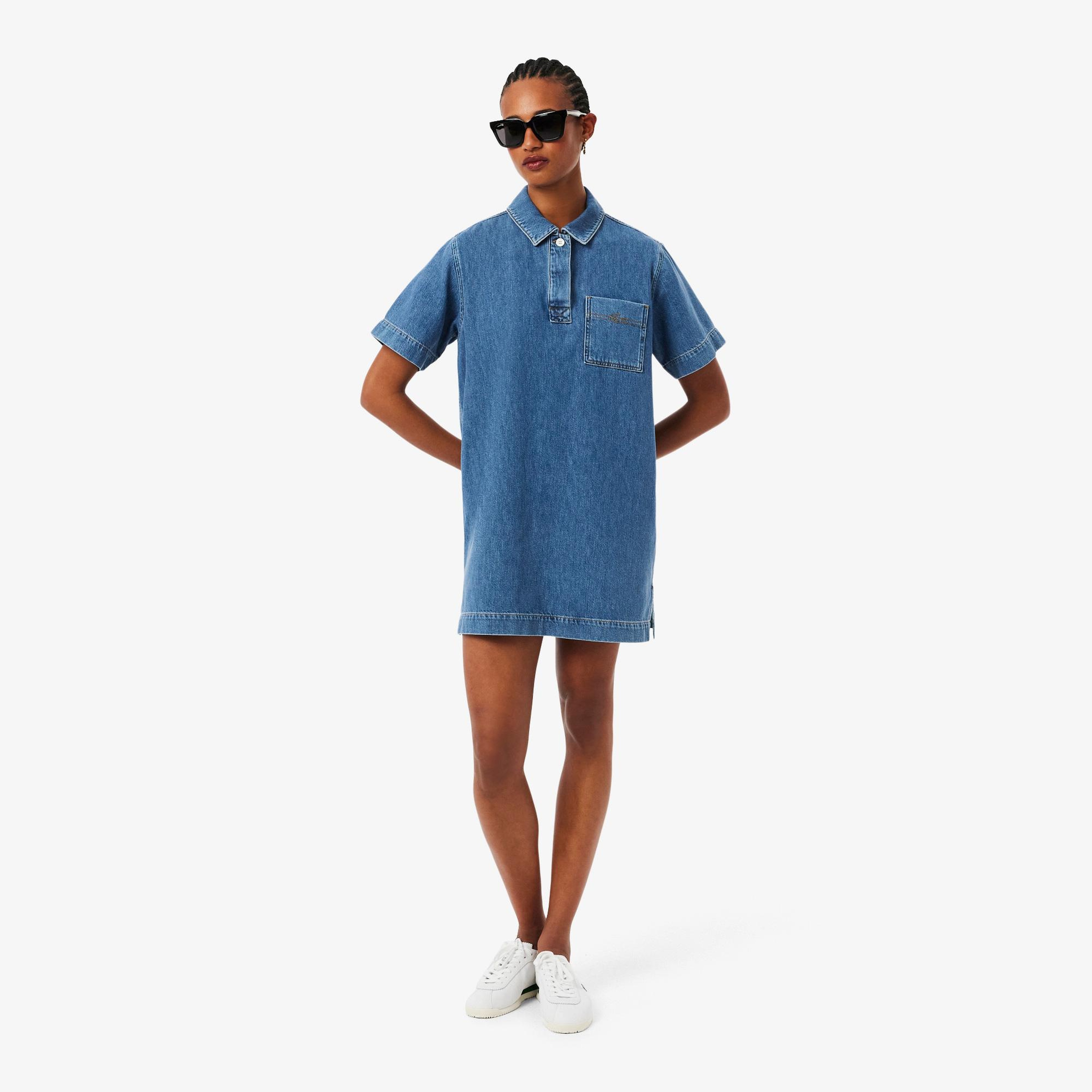 Kadın Oversize Fit Kısa Kollu Polo Yaka Denim Mavi Elbise