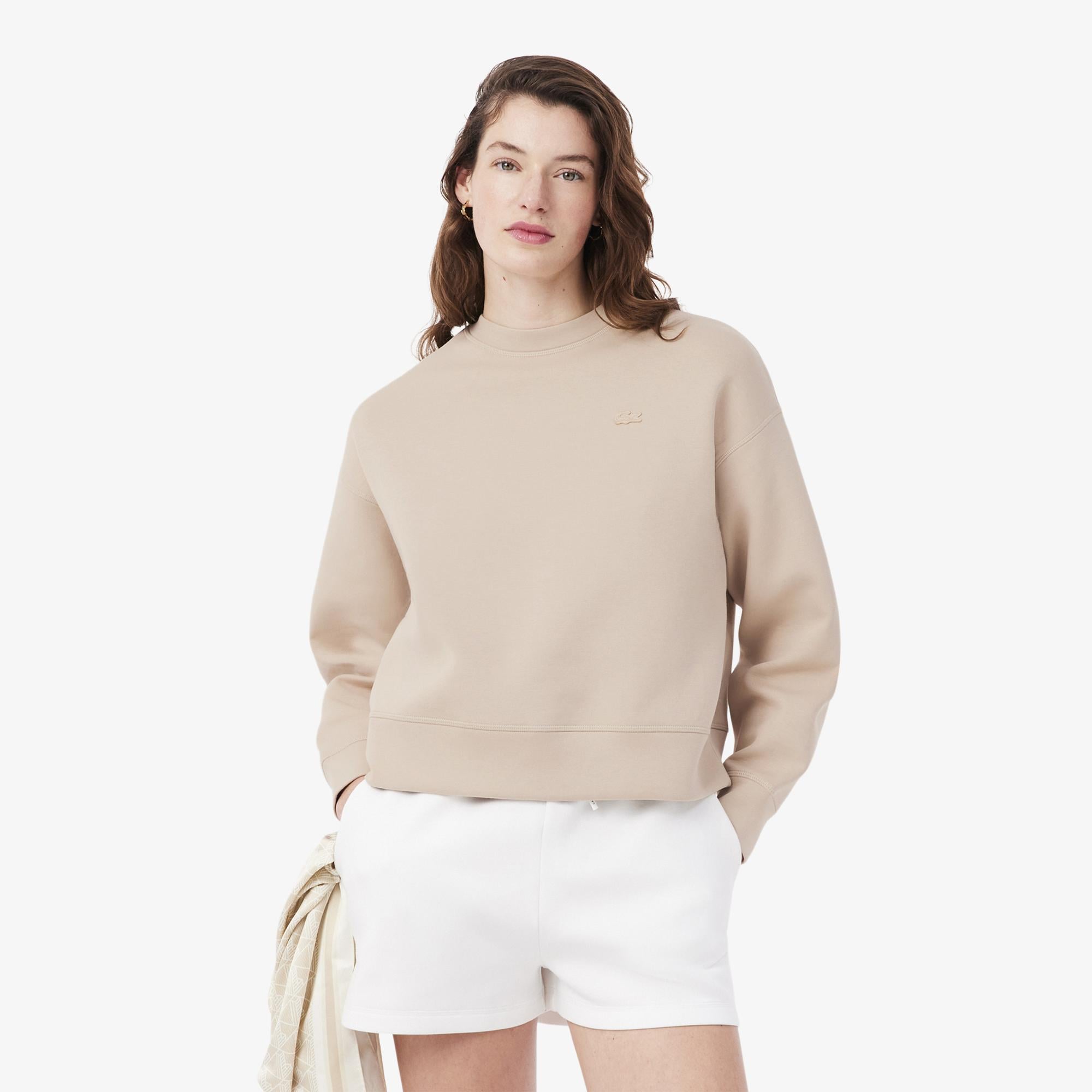 Lacoste Kadın Oversize Fit Bisiklet Yaka Bej Sweatshirt