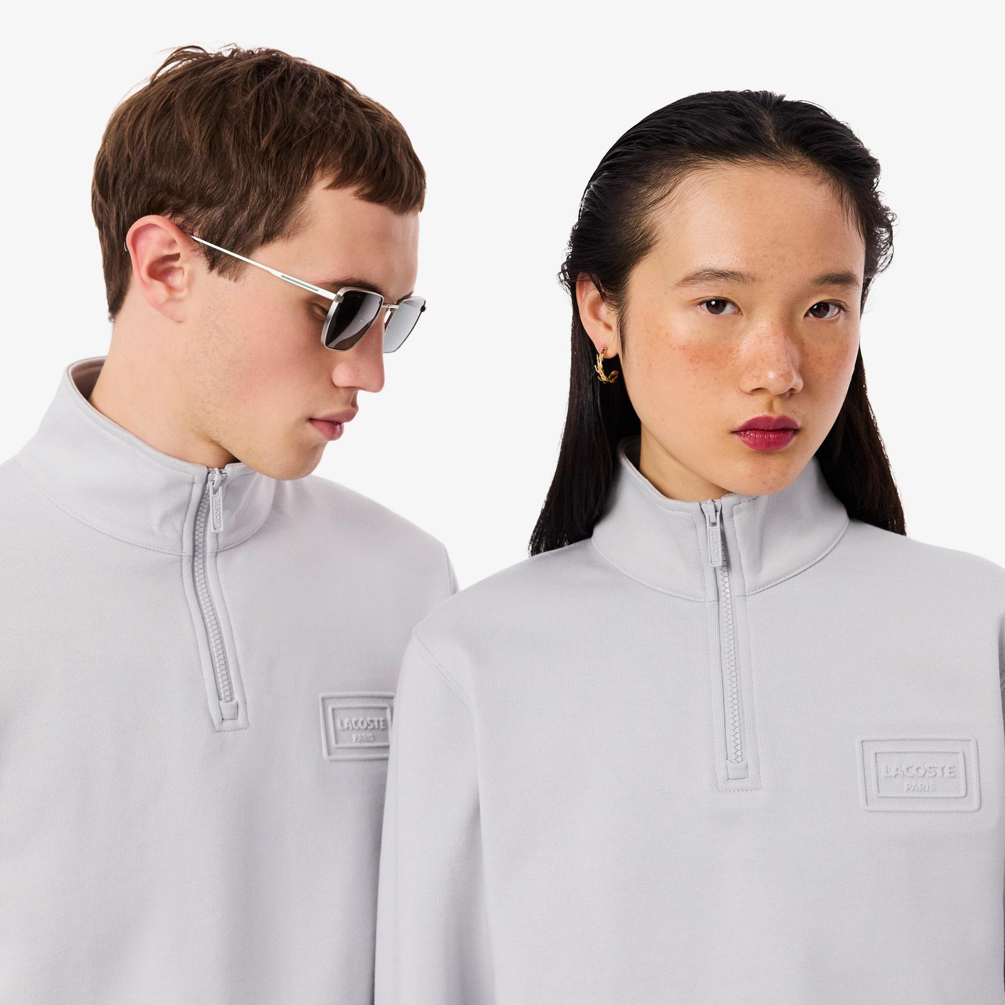 Unisex Classic Fit Yarım Fermuarlı Gri Sweatshirt