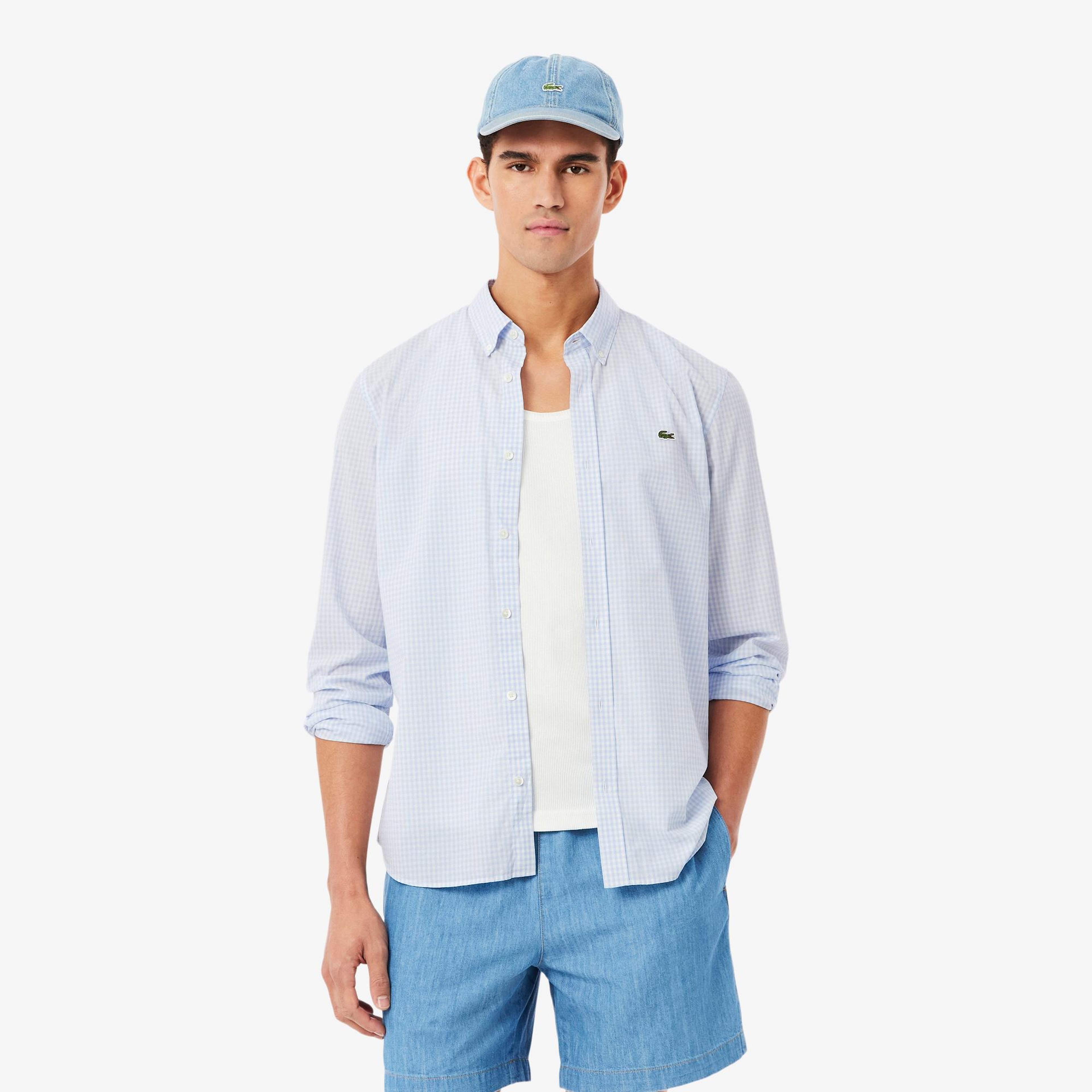 Lacoste Erkek Regular Fit Düğmeli Yaka Ekose Açık Mavi Gömlek