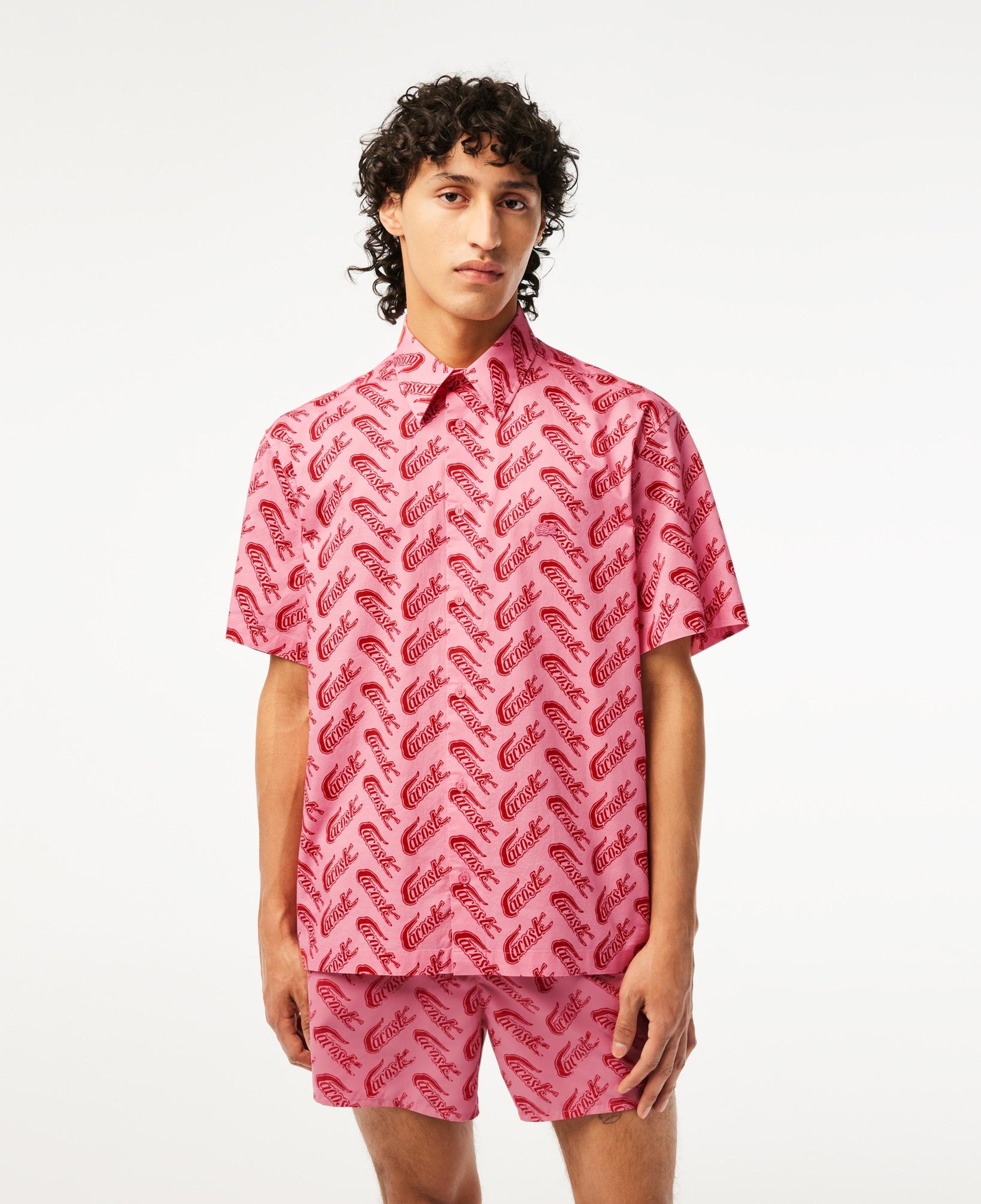 Erkek Relaxed Fit Kısa Kollu Desenli Pembe Gömlek