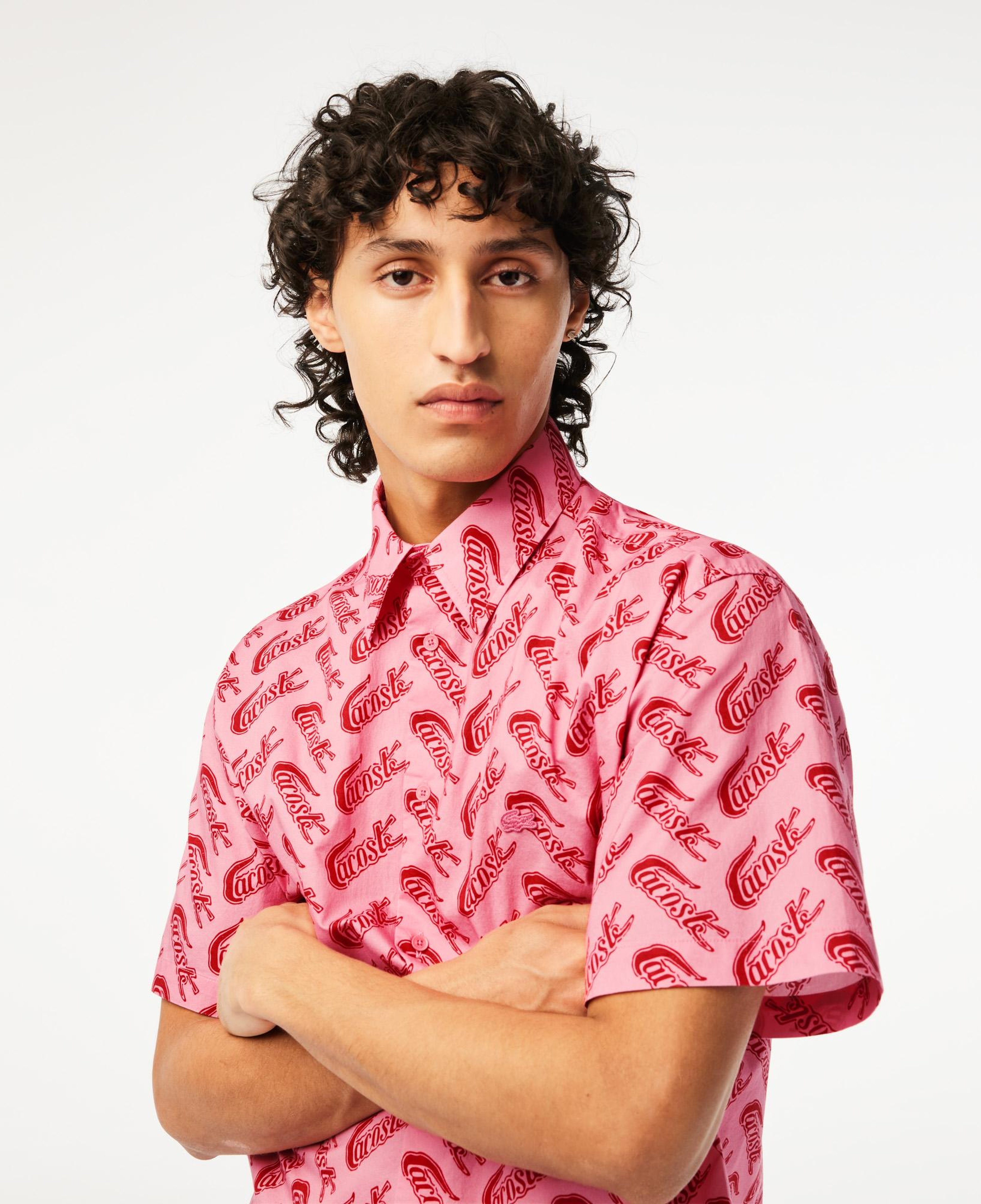 Erkek Relaxed Fit Kısa Kollu Desenli Pembe Gömlek