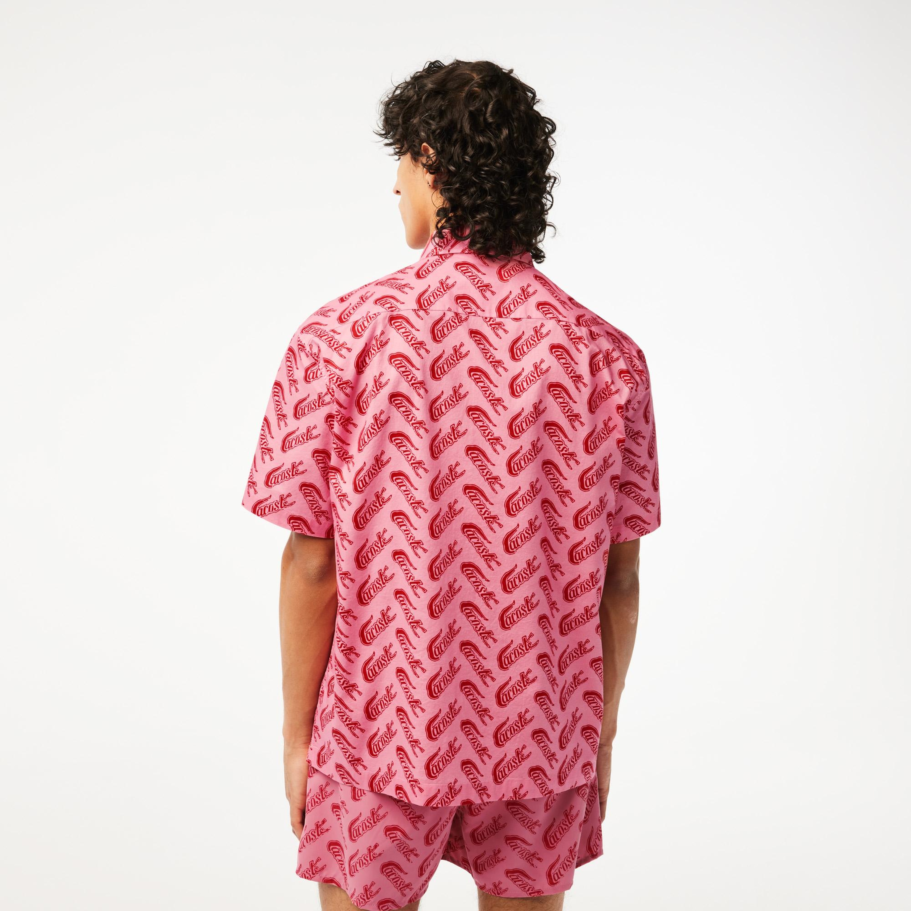 Erkek Relaxed Fit Kısa Kollu Desenli Pembe Gömlek
