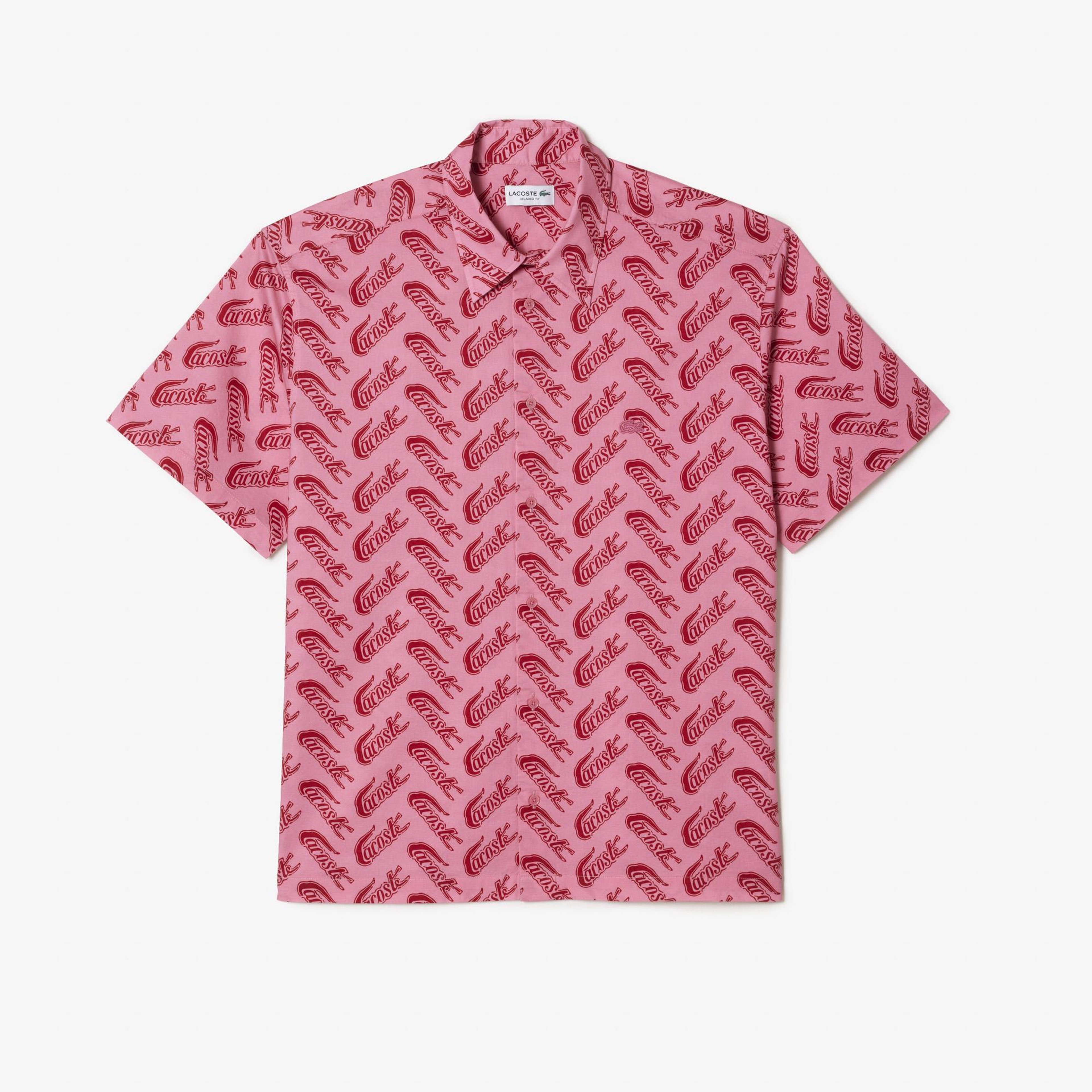Erkek Relaxed Fit Kısa Kollu Desenli Pembe Gömlek