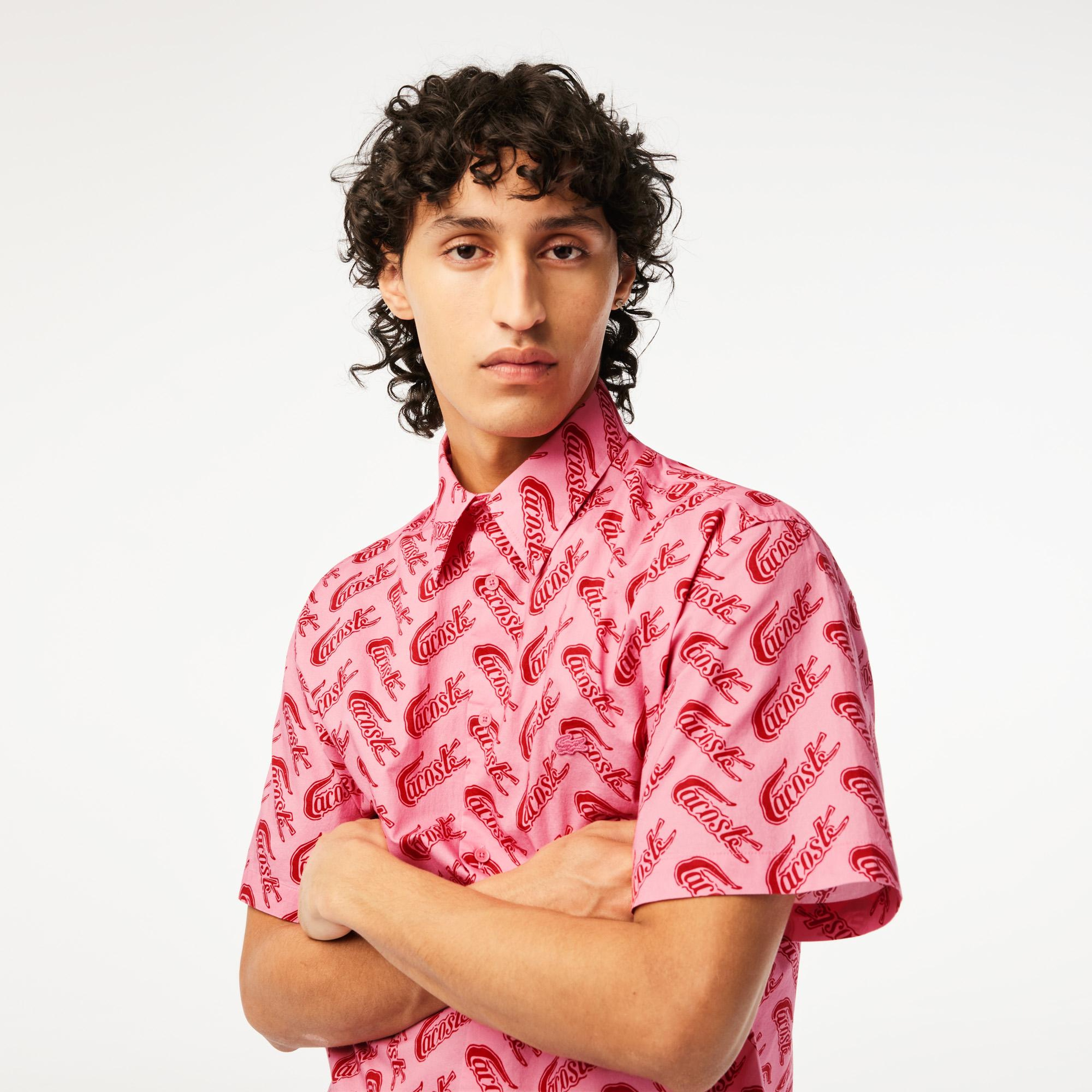 Erkek Relaxed Fit Kısa Kollu Desenli Pembe Gömlek