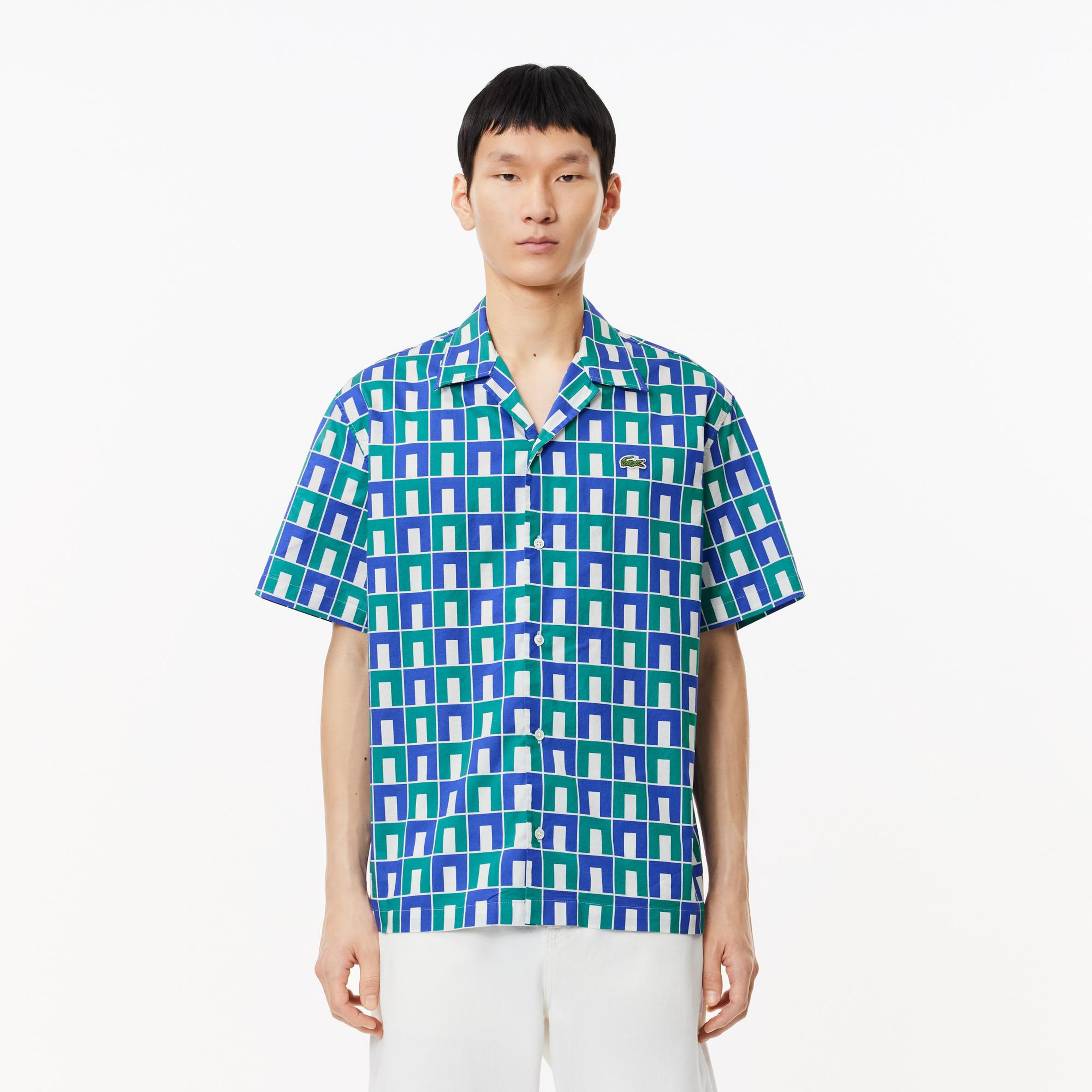 Erkek Relaxed Fit Kısa Kollu Monogram Yeşil Gömlek