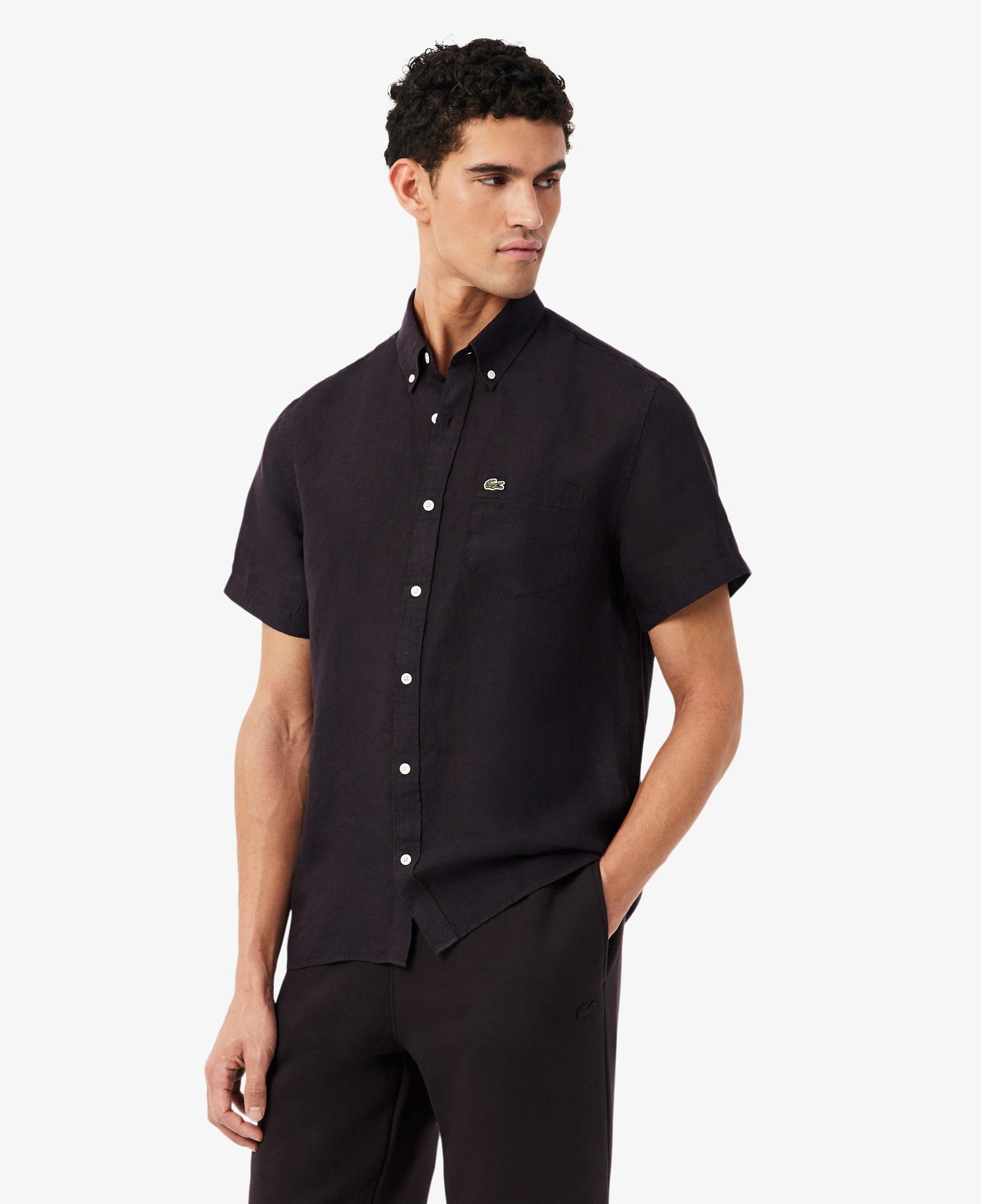 Lacoste Erkek Regular Fit Kısa Kollu Düğmeli Yaka Keten Kahverengi Gömlek