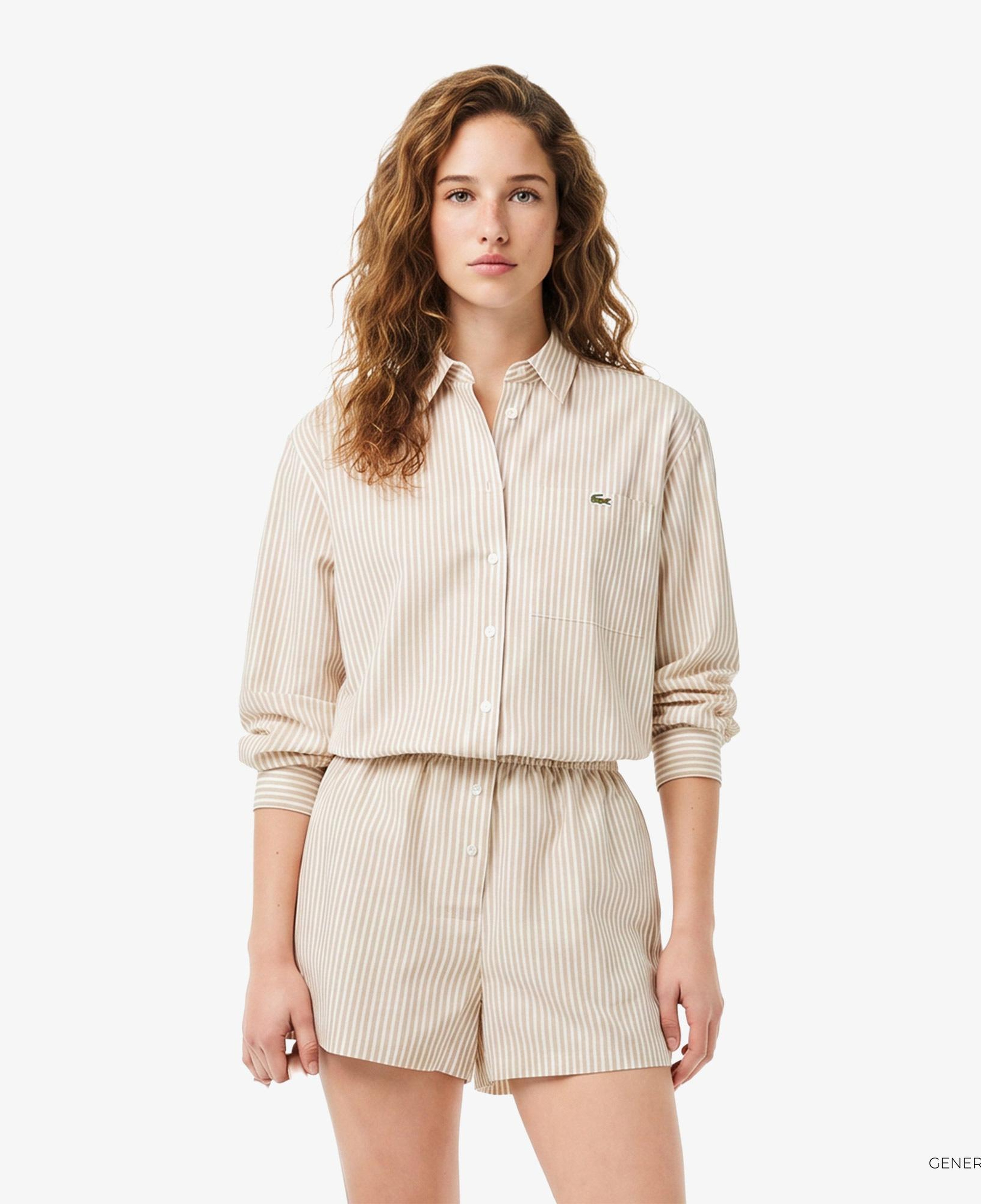 Lacoste Kadın Oversize Fit Çizgili Keten Krem Gömlek