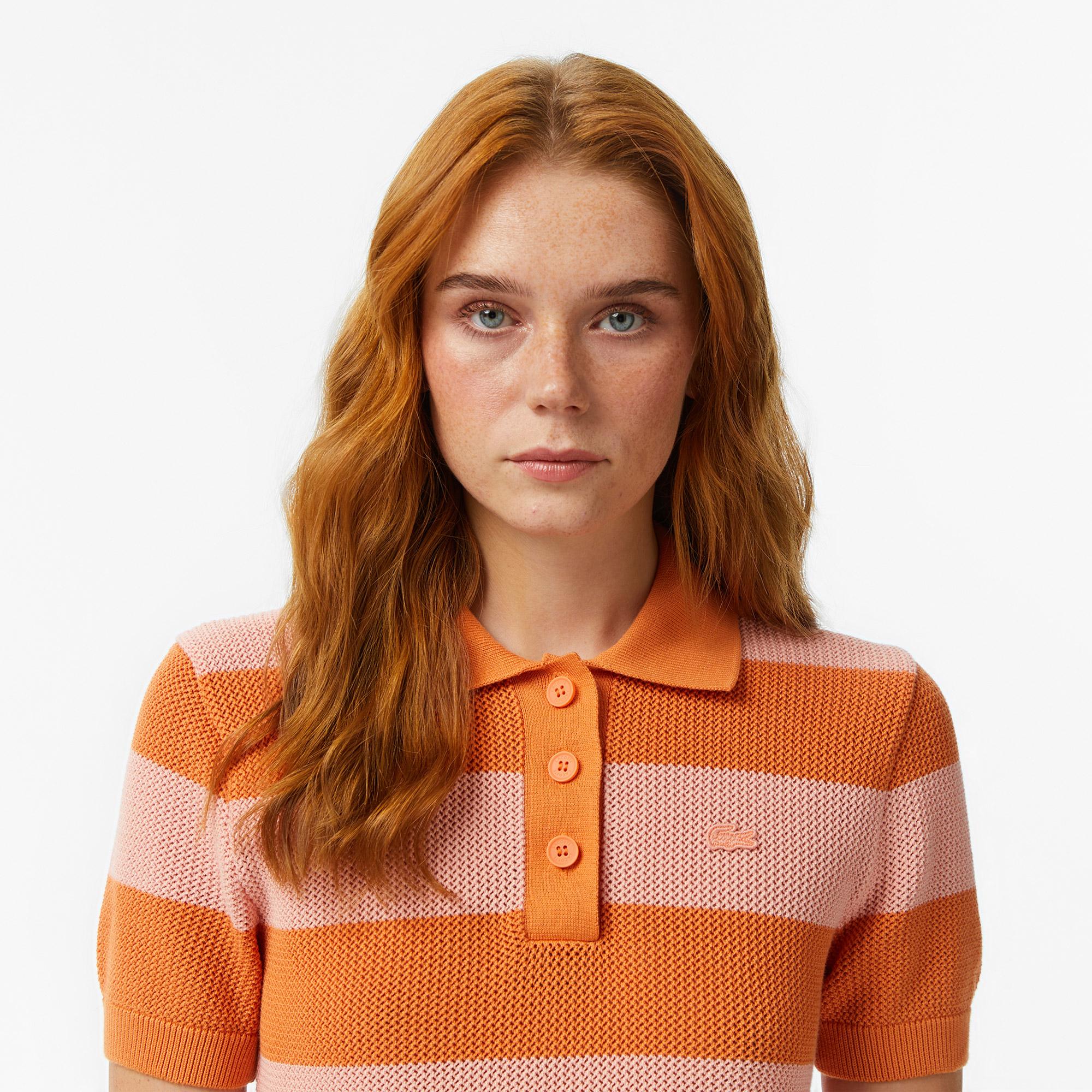 Kadın Regular Fit Kısa Kollu Polo Yaka Çizgili Turuncu Triko