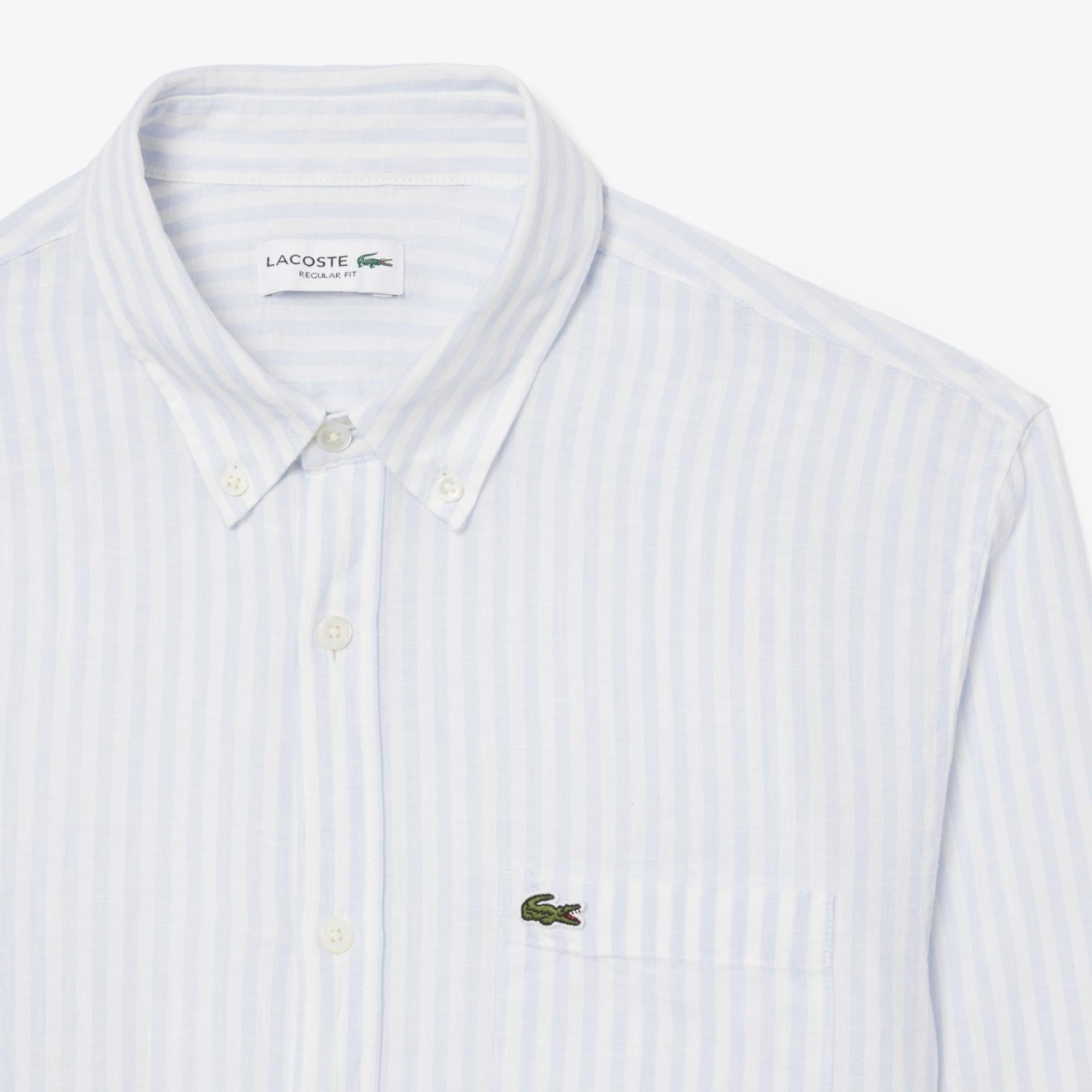 Lacoste Erkek Regular Fit Düğmeli Yaka Çizgili Mavi Gömlek