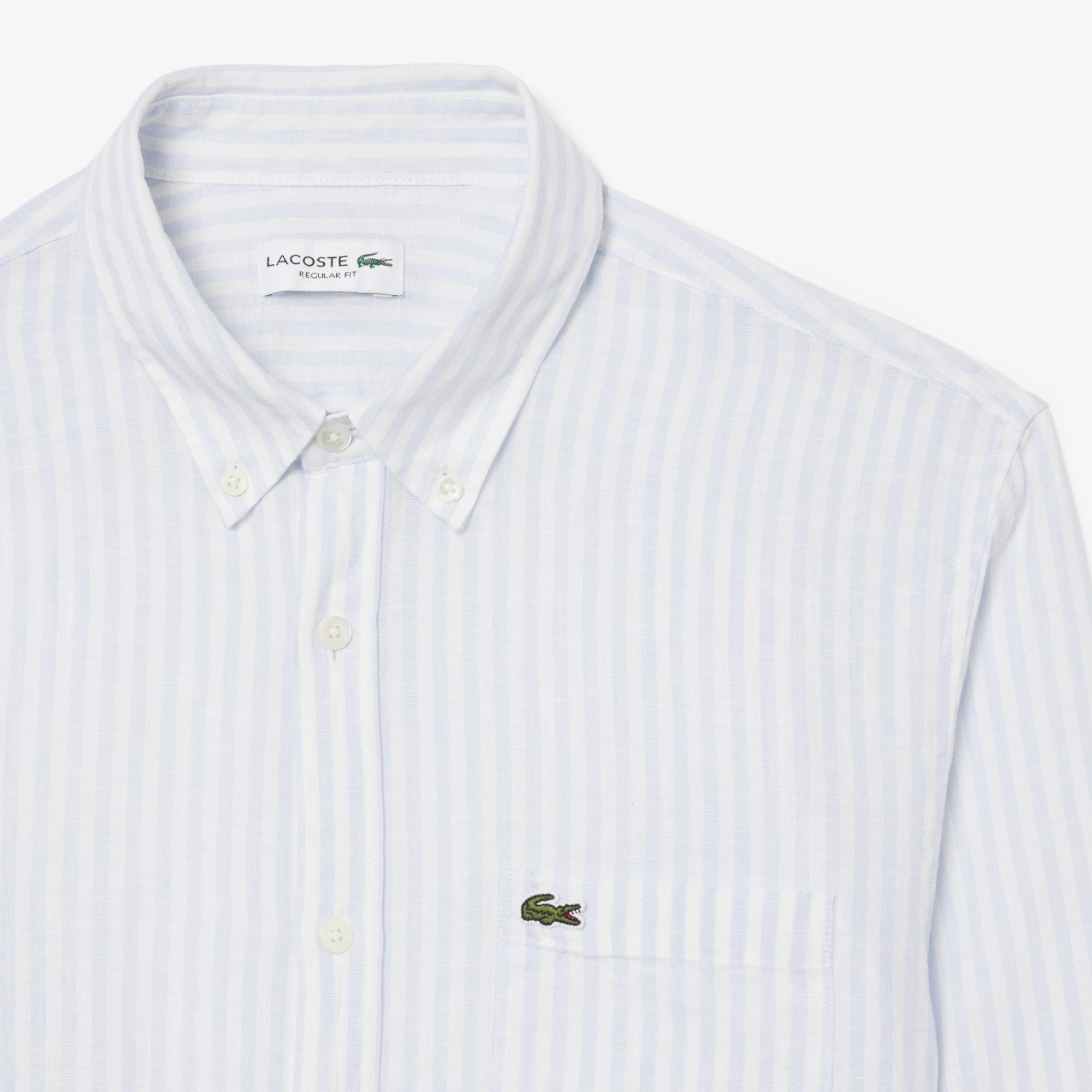 Lacoste Erkek Regular Fit Düğmeli Yaka Çizgili Mavi Gömlek
