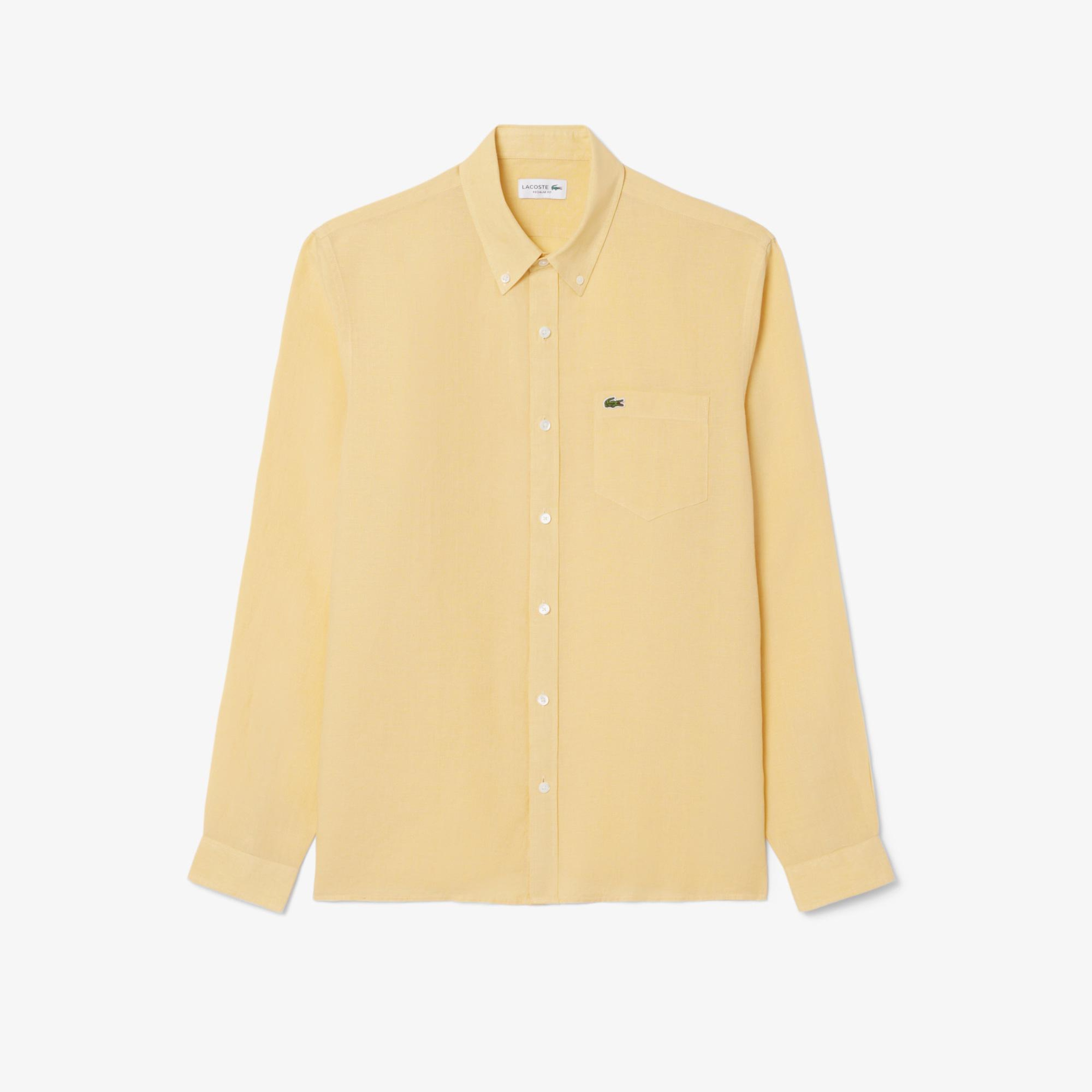 Lacoste Erkek Regular Fit Düğmeli Yaka Keten Sarı Gömlek
