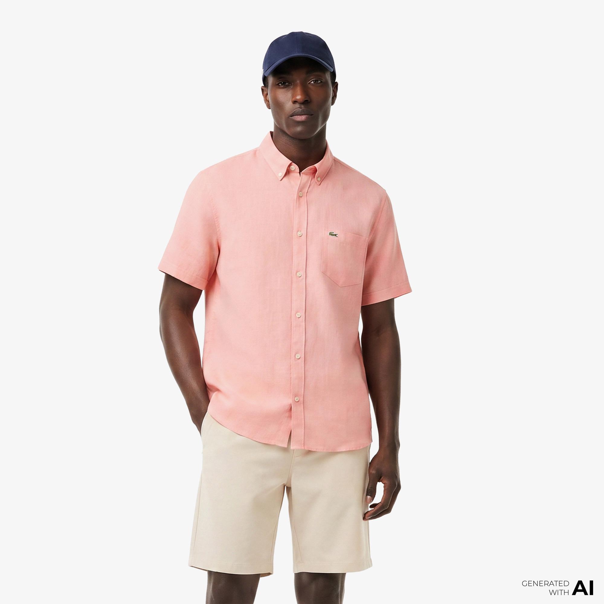 Lacoste Erkek Regular Fit Kısa Kollu Düğmeli Yaka Keten Pembe Gömlek