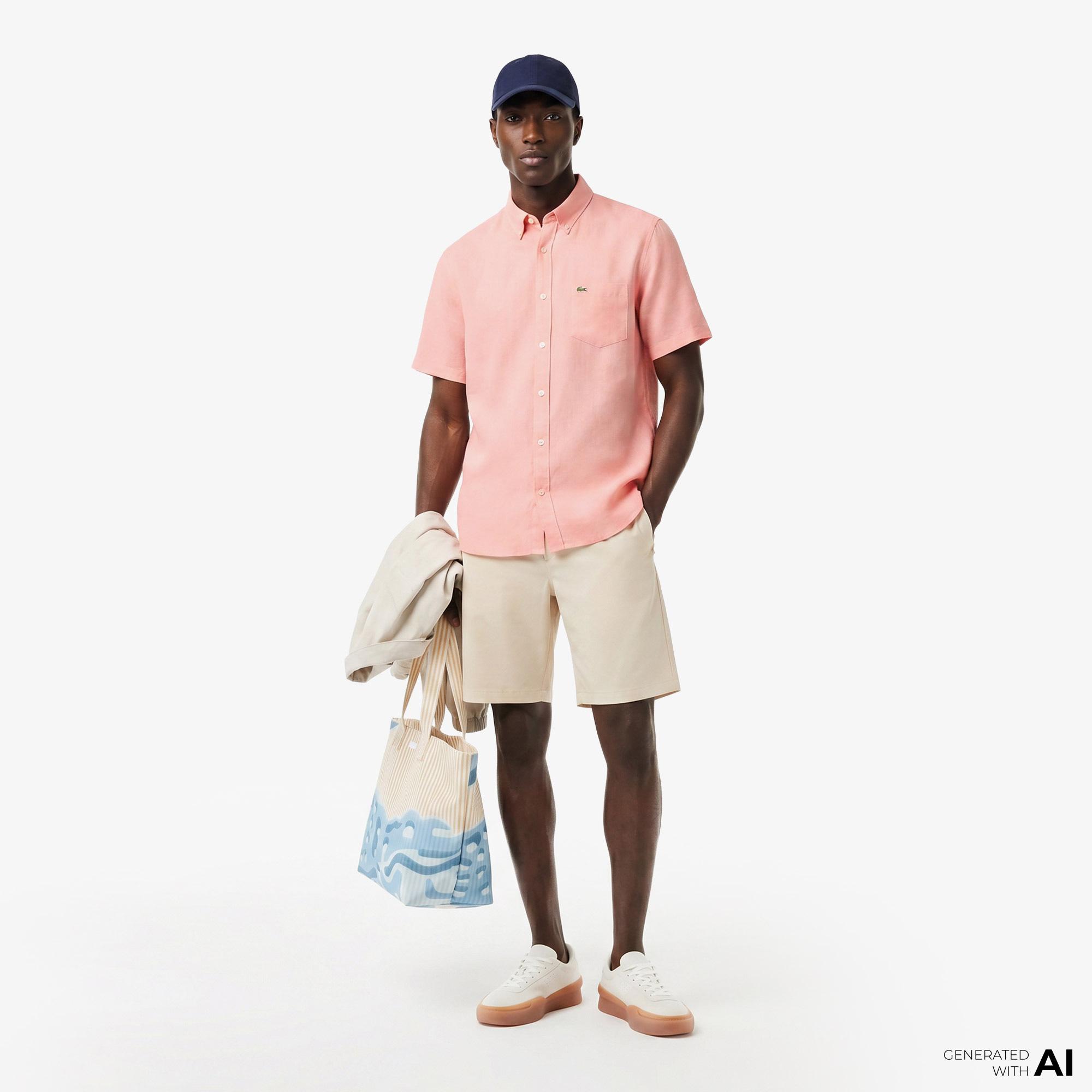 Lacoste Erkek Regular Fit Kısa Kollu Düğmeli Yaka Keten Pembe Gömlek
