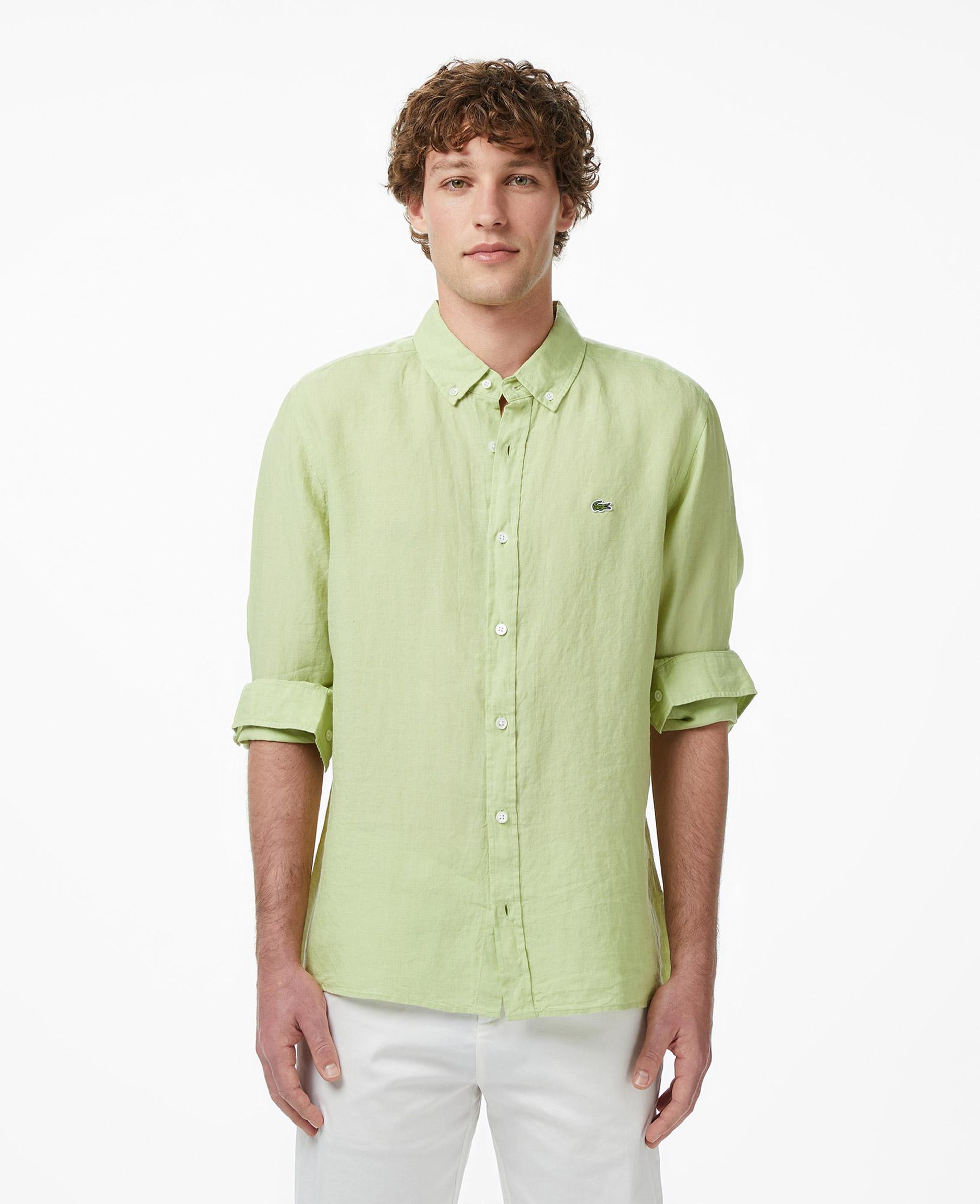 Lacoste Erkek Regular Fit Düğmeli Yaka Keten Yeşil Gömlek