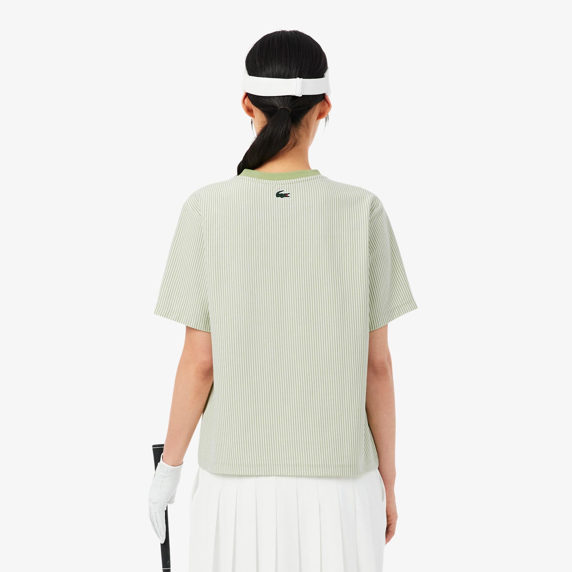 Lacoste Kadın Regular Fit Bisiklet Yaka Çizgili Yeşil T-Shirt