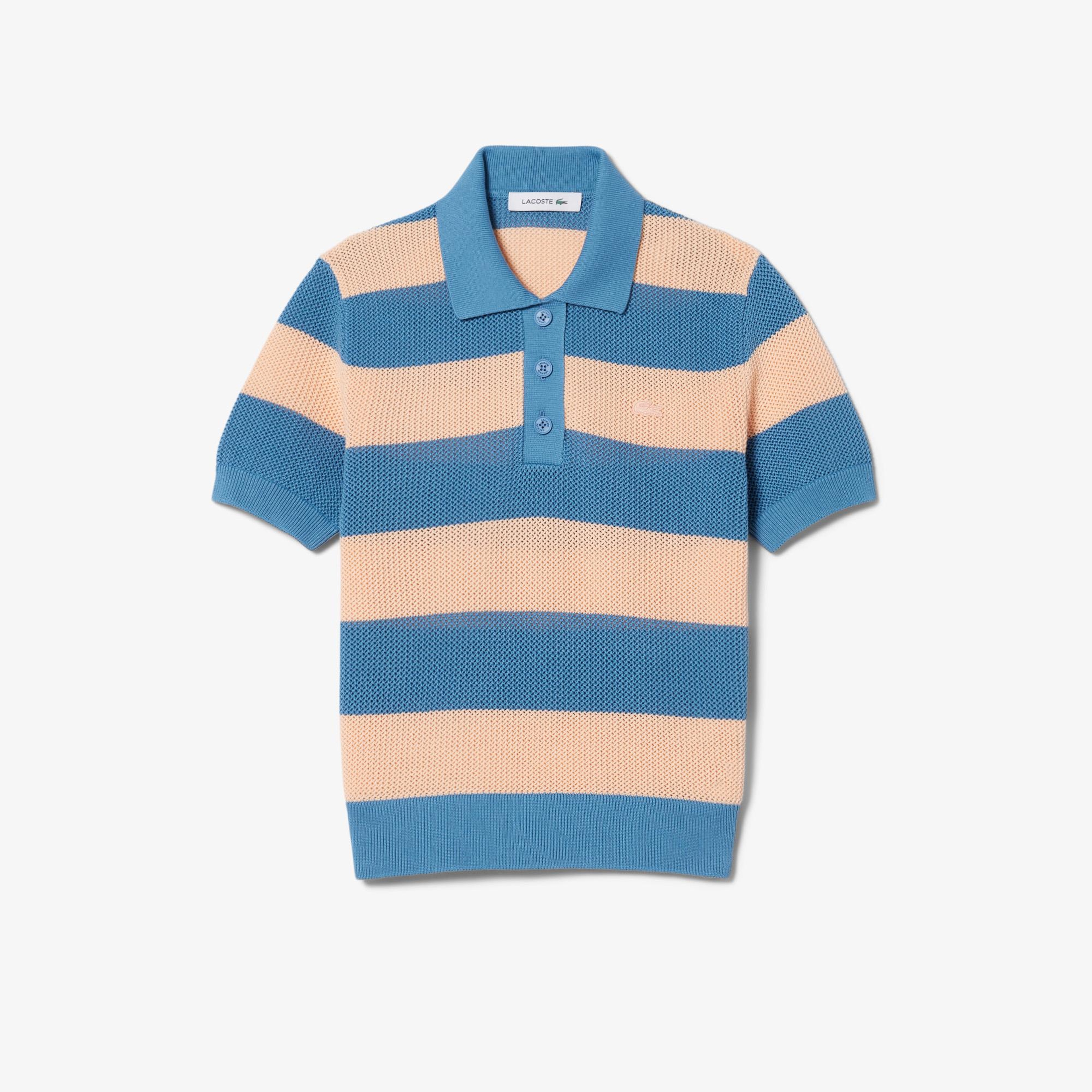 Kadın Regular Fit Kısa Kollu Polo Yaka Çizgili Mavi Triko