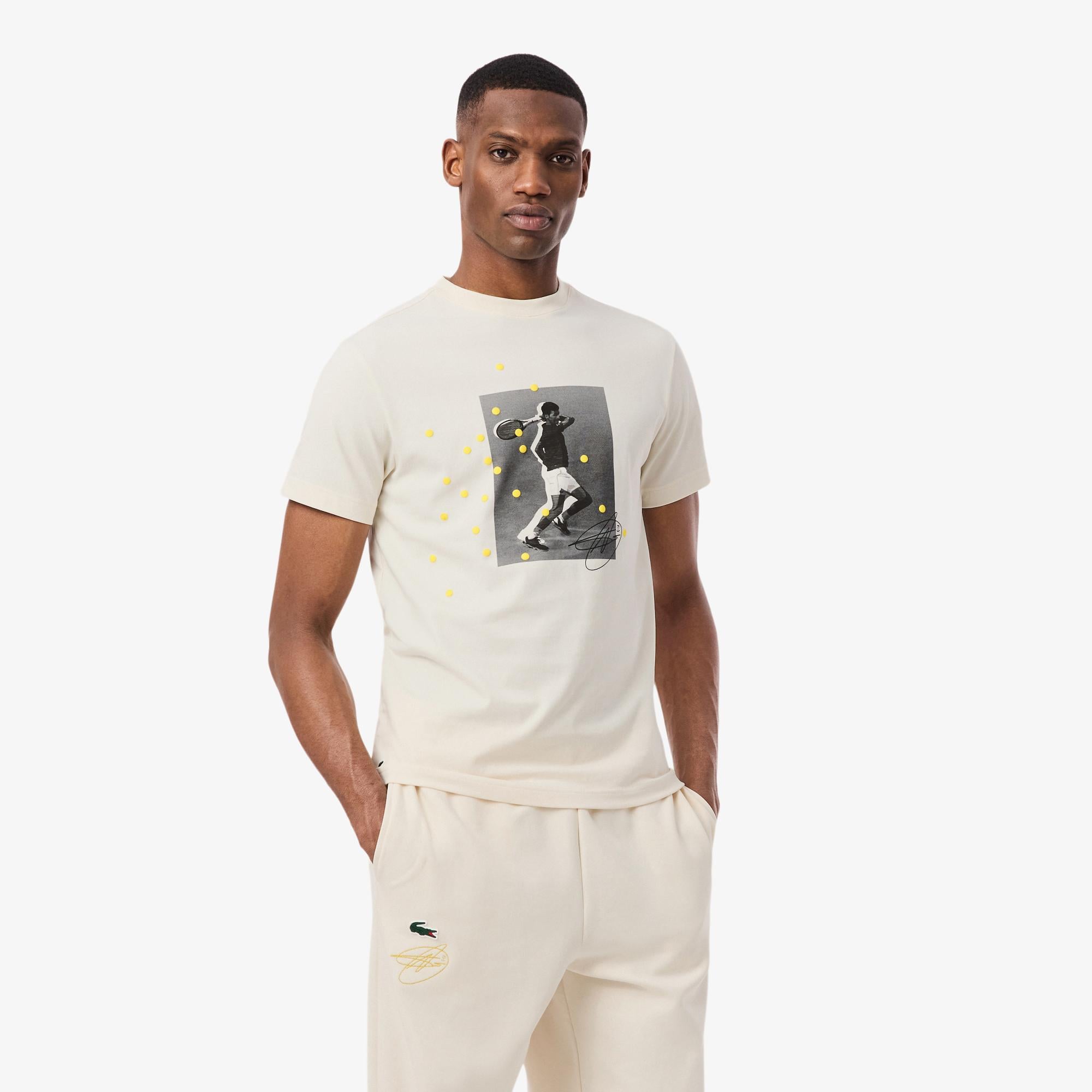 Lacoste Erkek Regular Fit Bisiklet Yaka Baskılı Krem T-Shirt