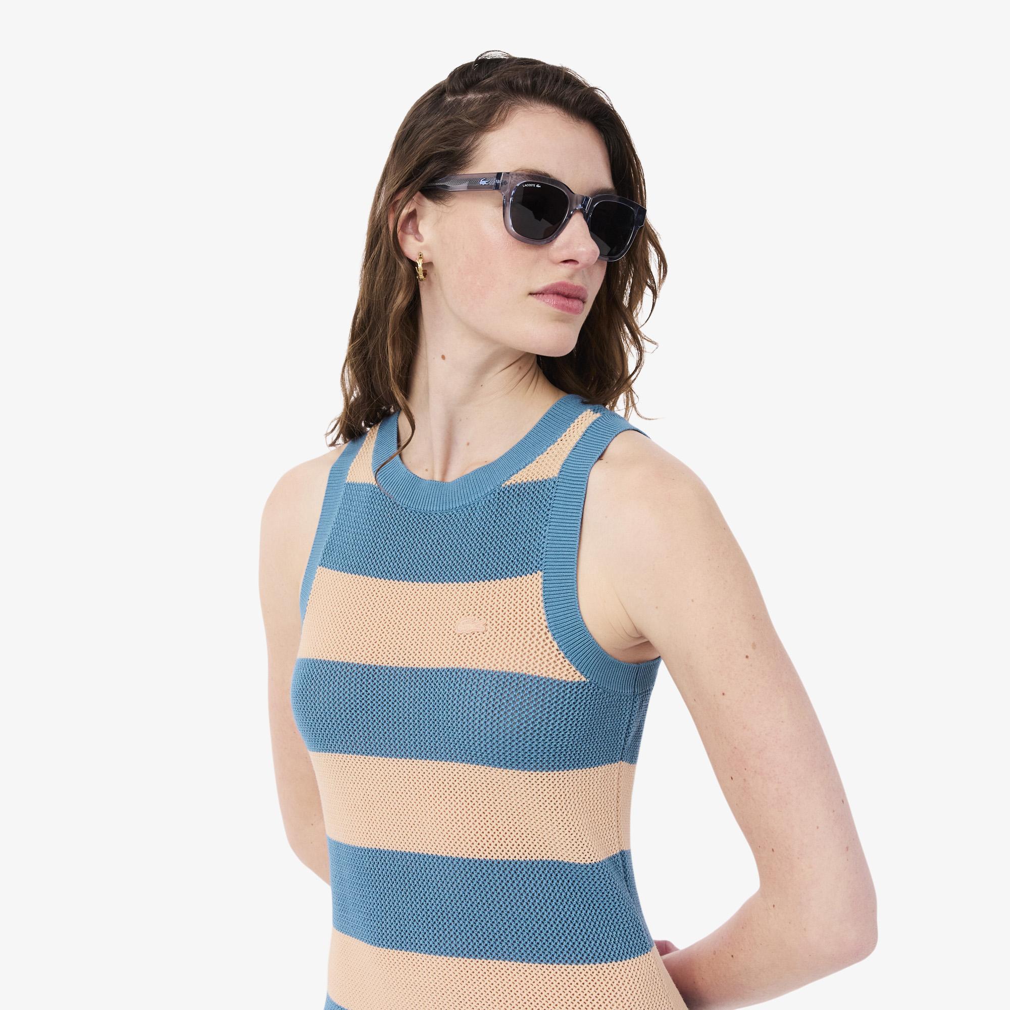 Lacoste Kadın Regular Fit Kolsuz Bisiklet Yaka Çizgili Renkli Elbise
