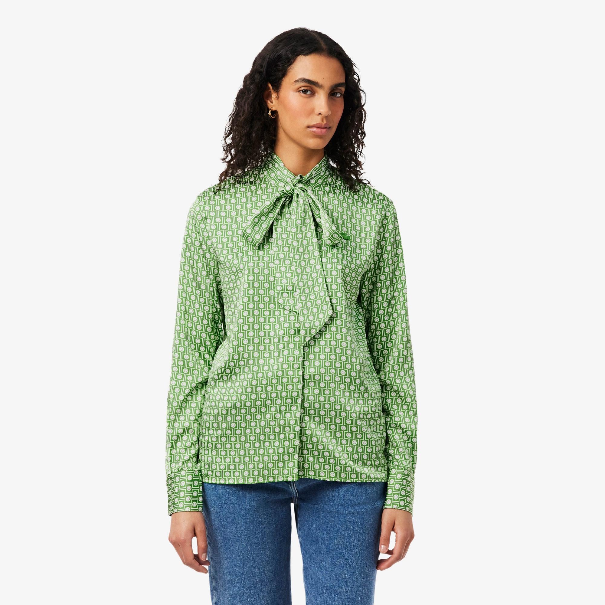 Lacoste Kadın Regular Fit Desenli Yeşil Gömlek