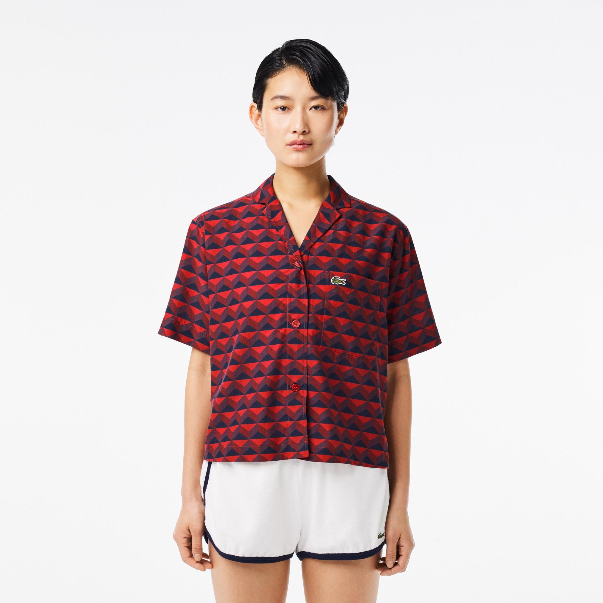 Kadın Relaxed Fit Kısa Kollu Monogram Bordo Gömlek