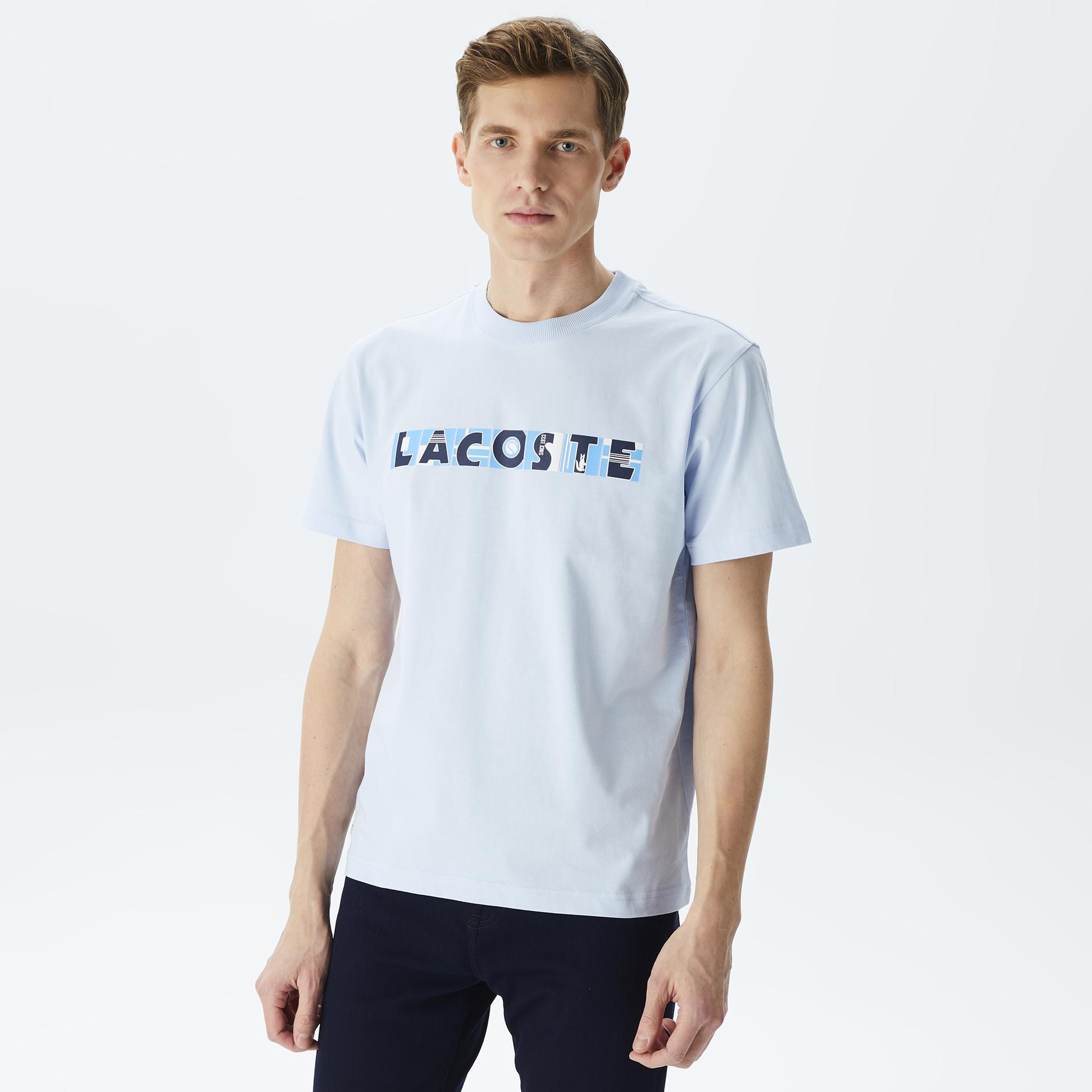 Erkek Relaxed Fit Bisiklet Yaka Baskılı Mavi T-Shirt