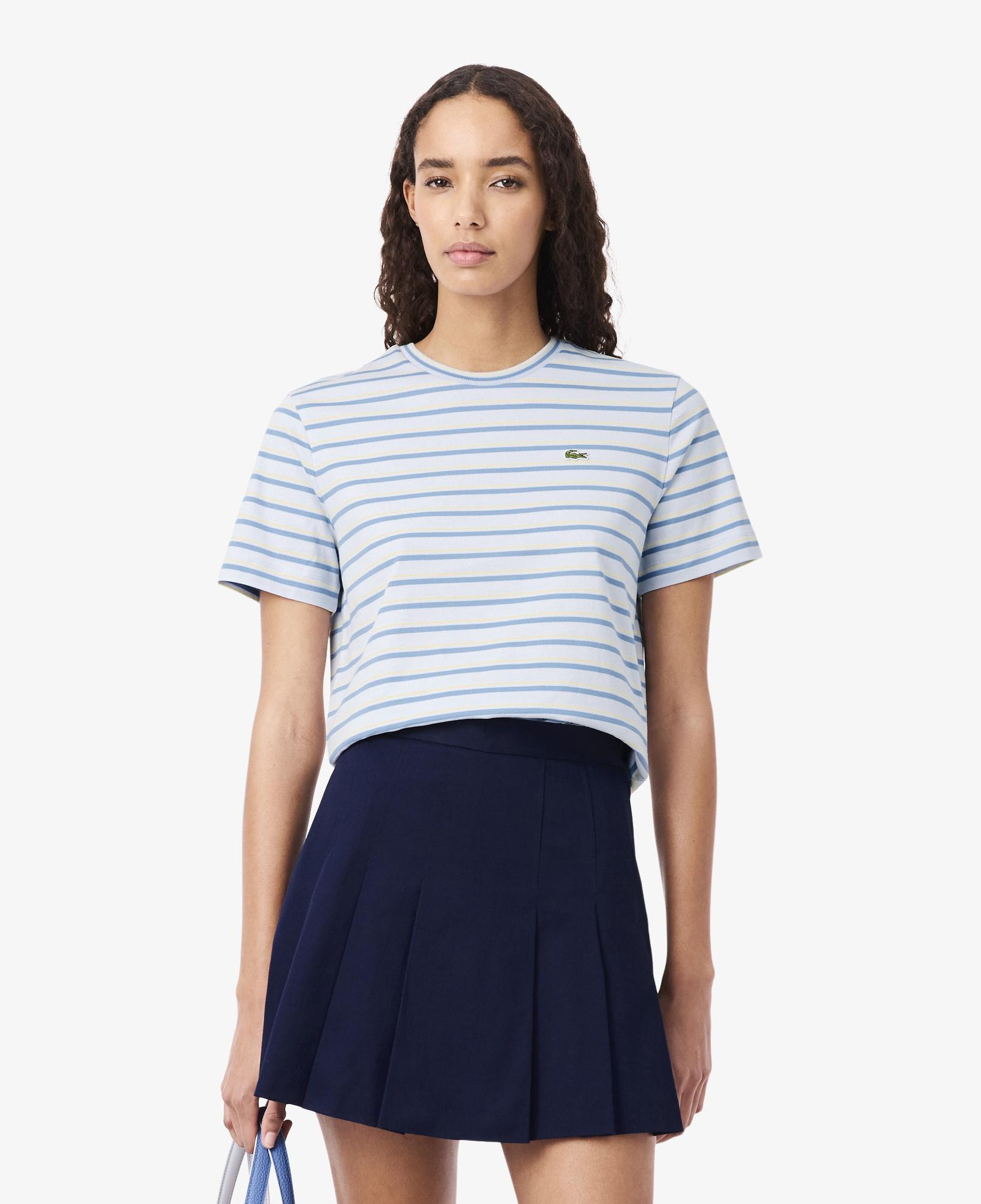 Lacoste Kadın Regular Fit Bisiklet Yaka Çizgili Mavi T-Shirt