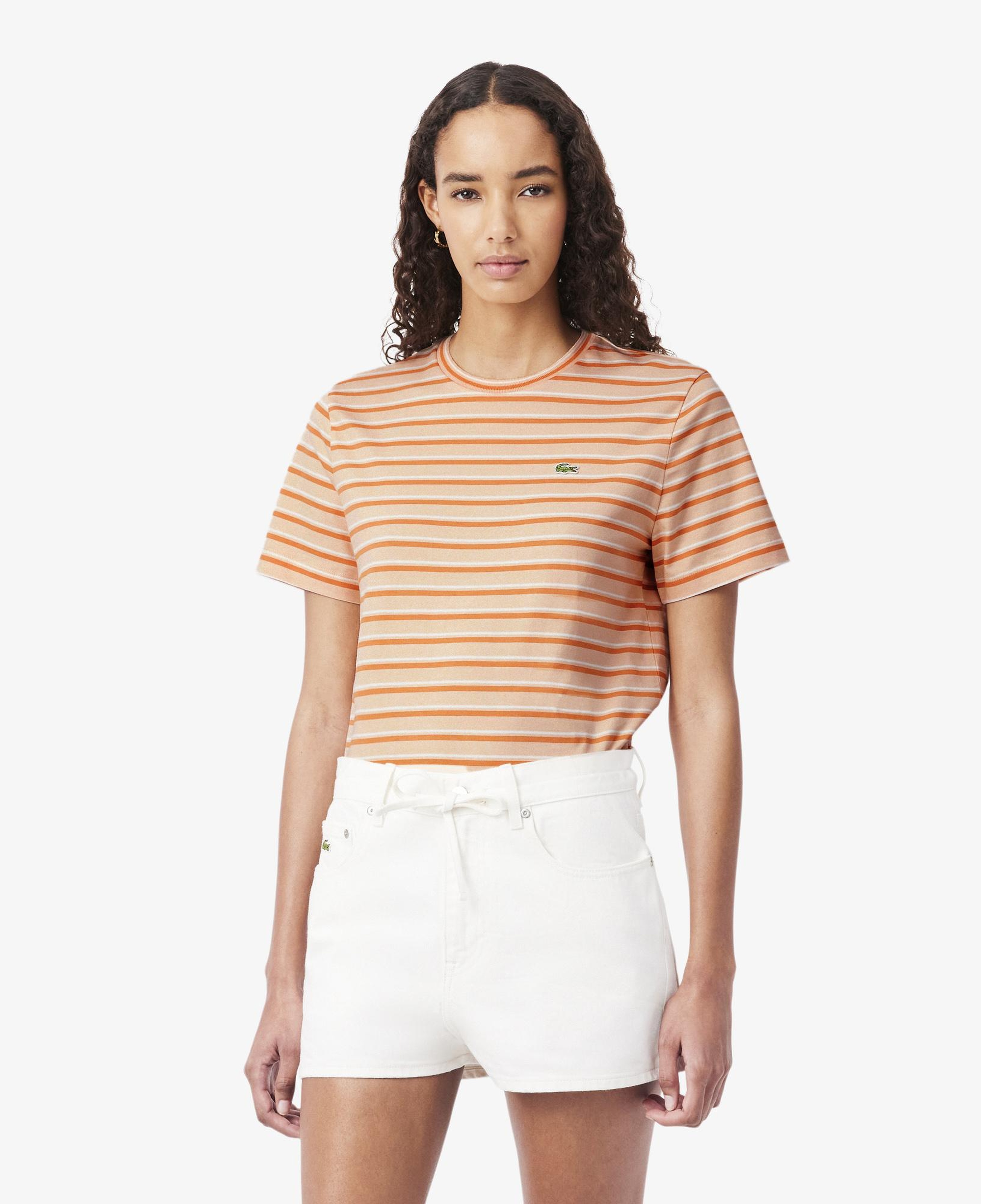 Lacoste Kadın Regular Fit Bisiklet Yaka Çizgili Turuncu T-Shirt