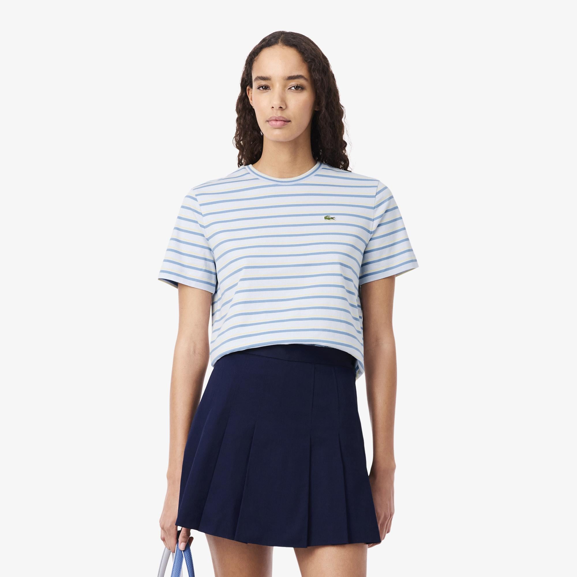 Lacoste Kadın Regular Fit Bisiklet Yaka Çizgili Mavi T-Shirt