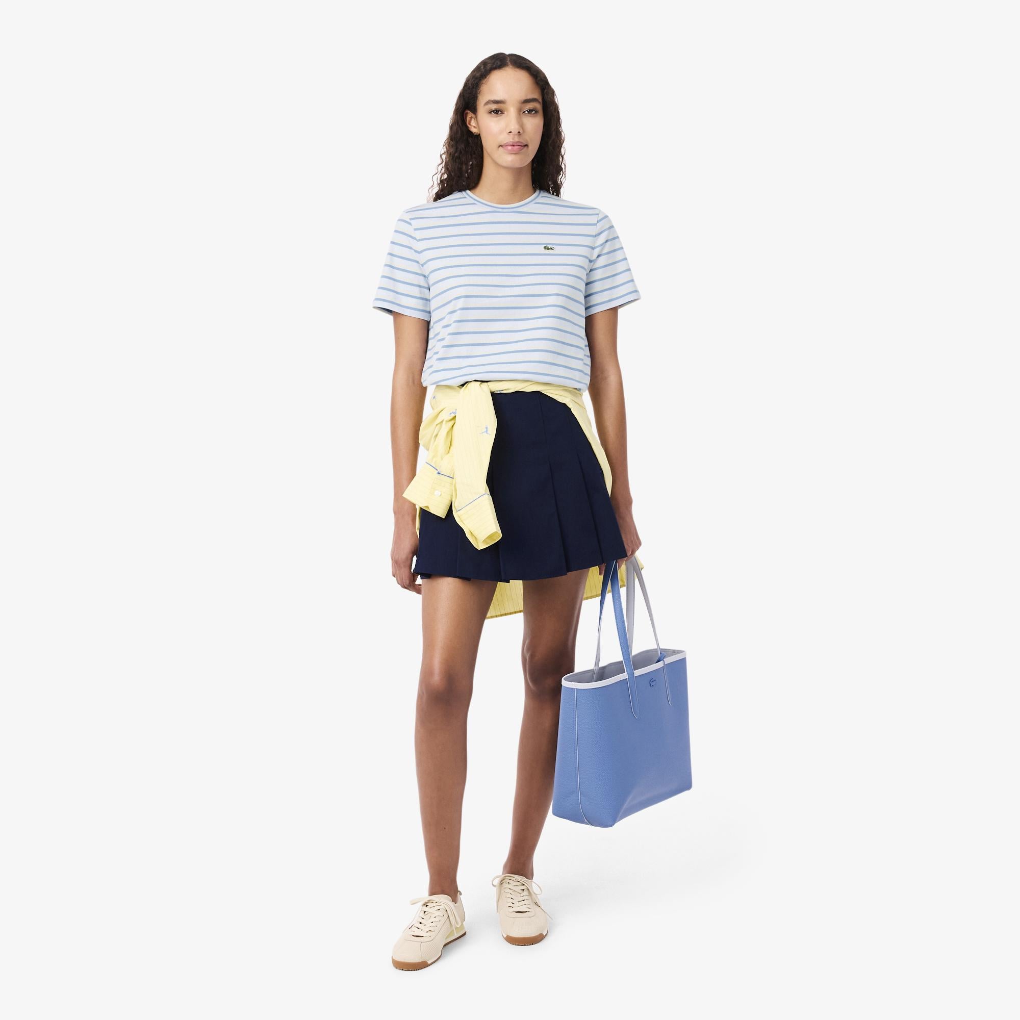 Lacoste Kadın Regular Fit Bisiklet Yaka Çizgili Mavi T-Shirt