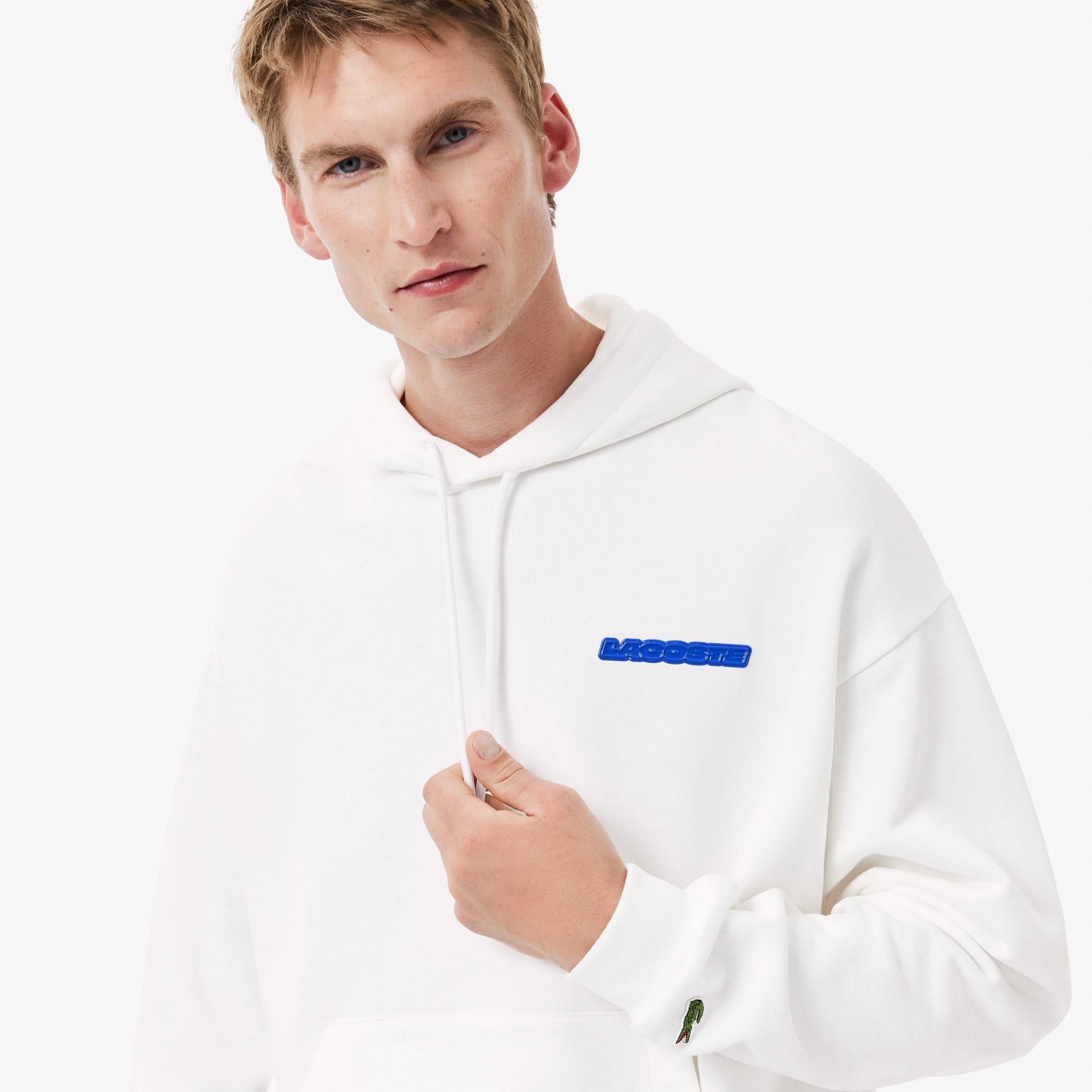 Erkek Loose Fit Kapüşonlu Baskılı Beyaz Sweatshirt
