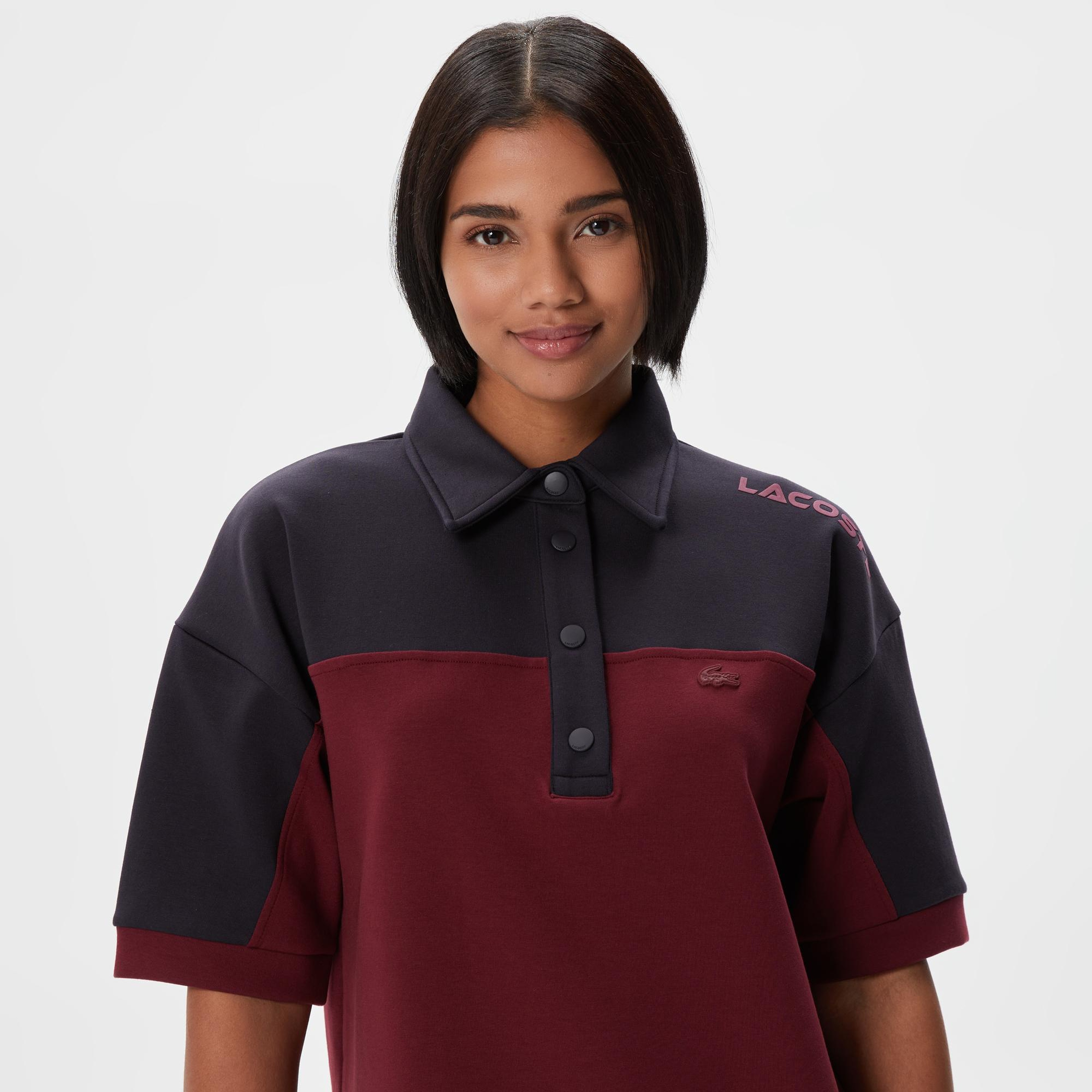 Kadın Regular Fit Kısa Kollu Polo Yaka Renk Bloklu Bordo Elbise