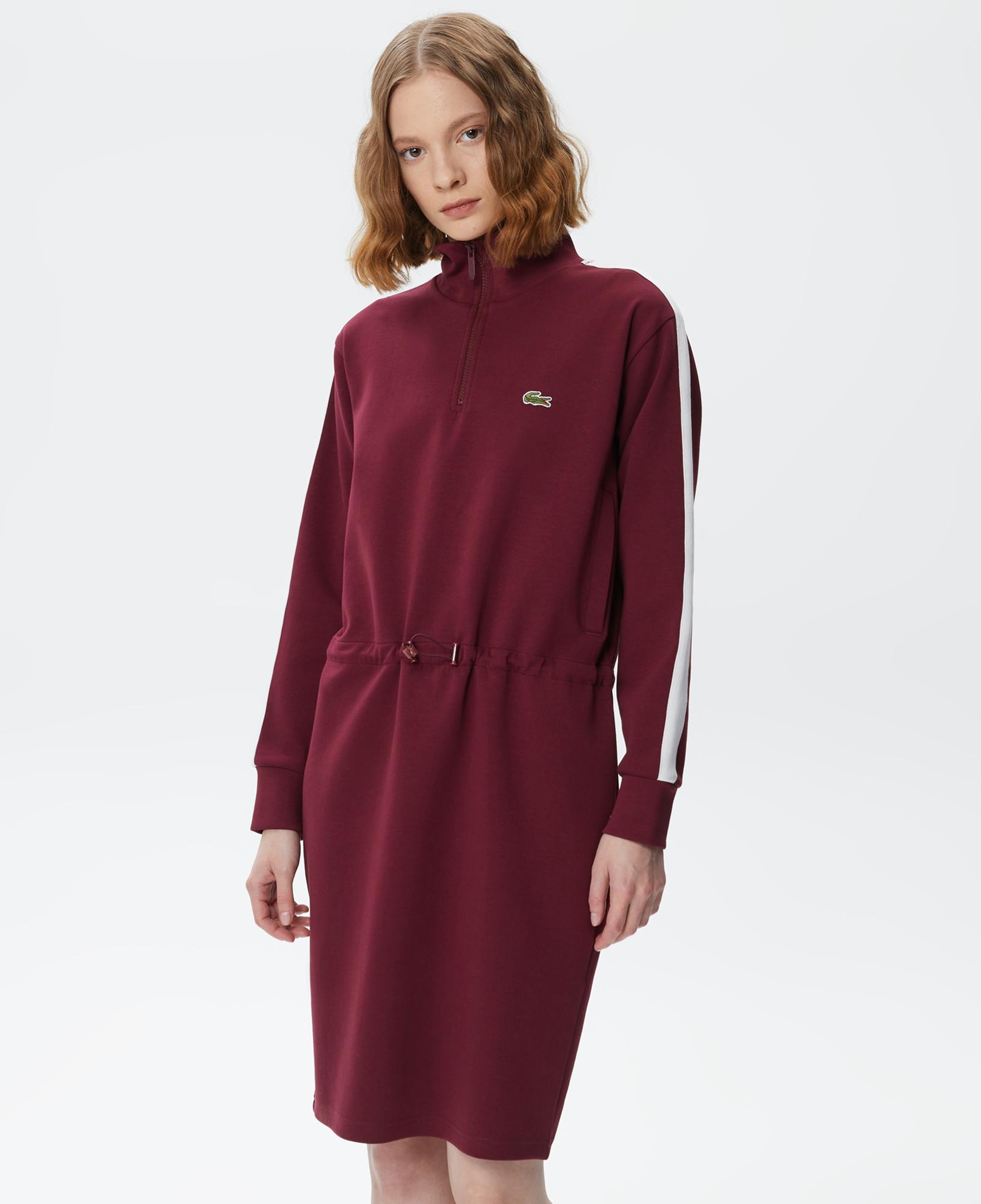 Kadın Loose Fit Uzun Kollu Dik Yaka Baskılı Bordo Elbise