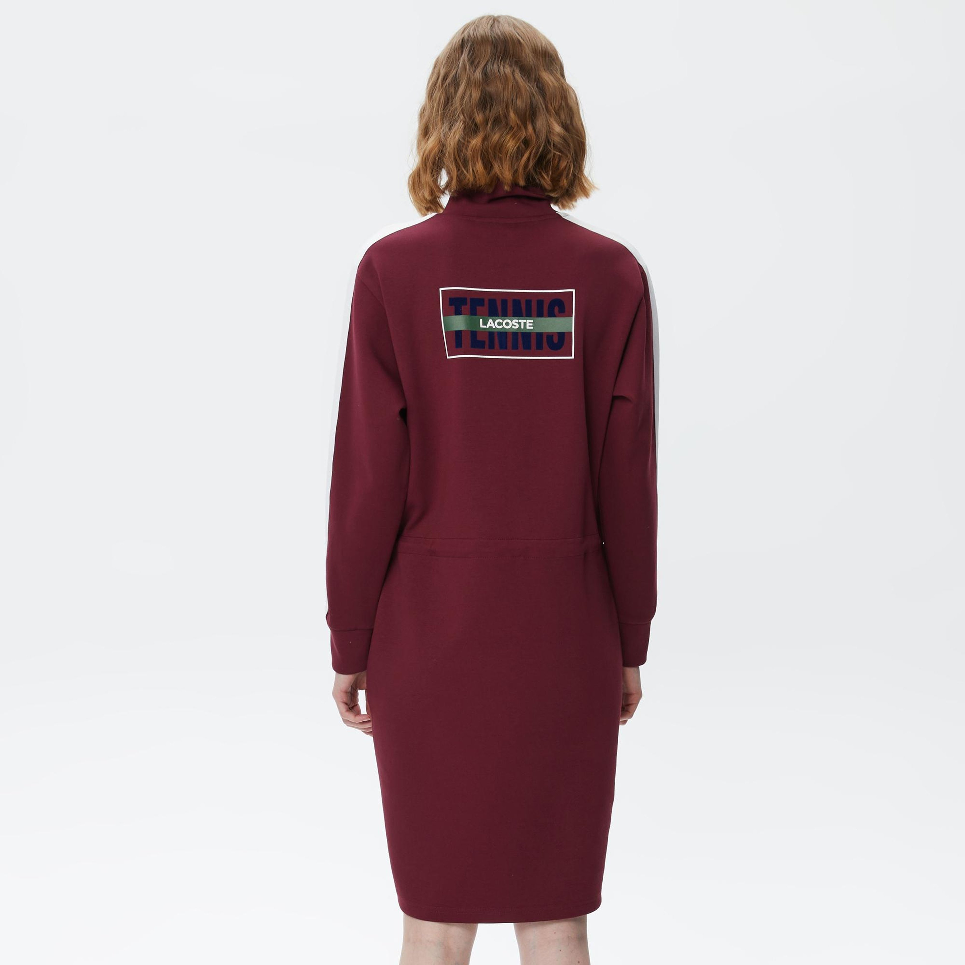 Kadın Loose Fit Uzun Kollu Dik Yaka Baskılı Bordo Elbise