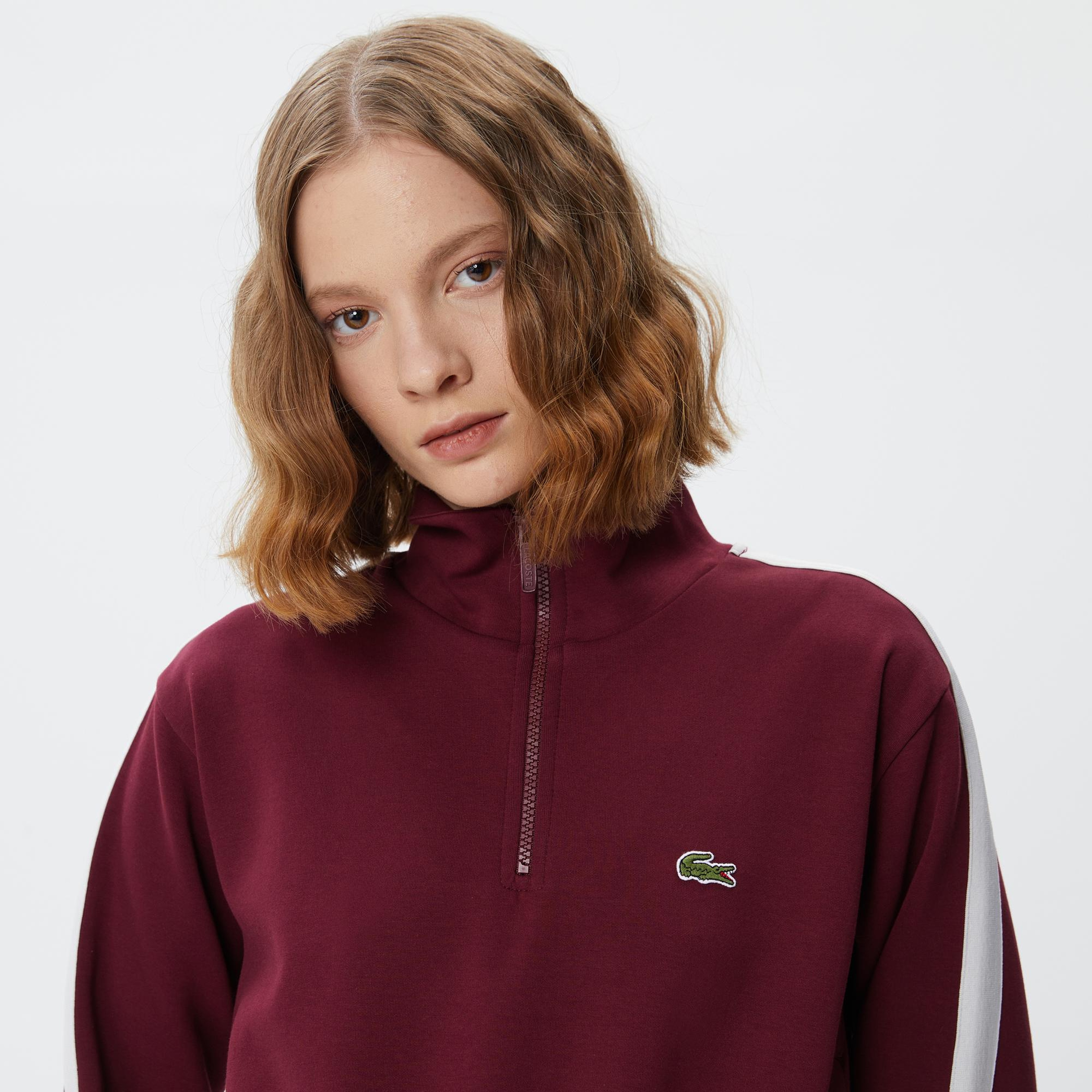 Kadın Loose Fit Uzun Kollu Dik Yaka Baskılı Bordo Elbise
