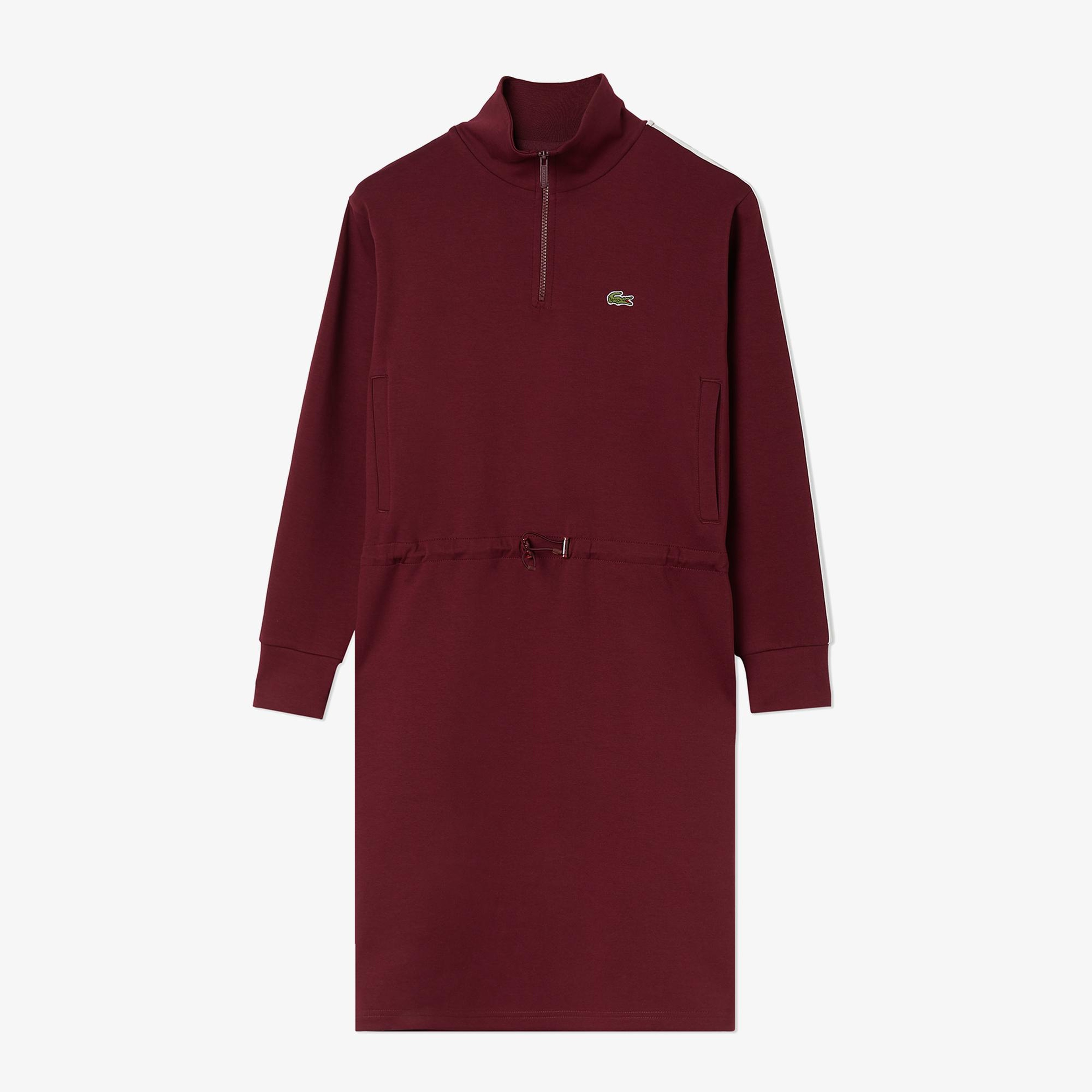 Kadın Loose Fit Uzun Kollu Dik Yaka Baskılı Bordo Elbise